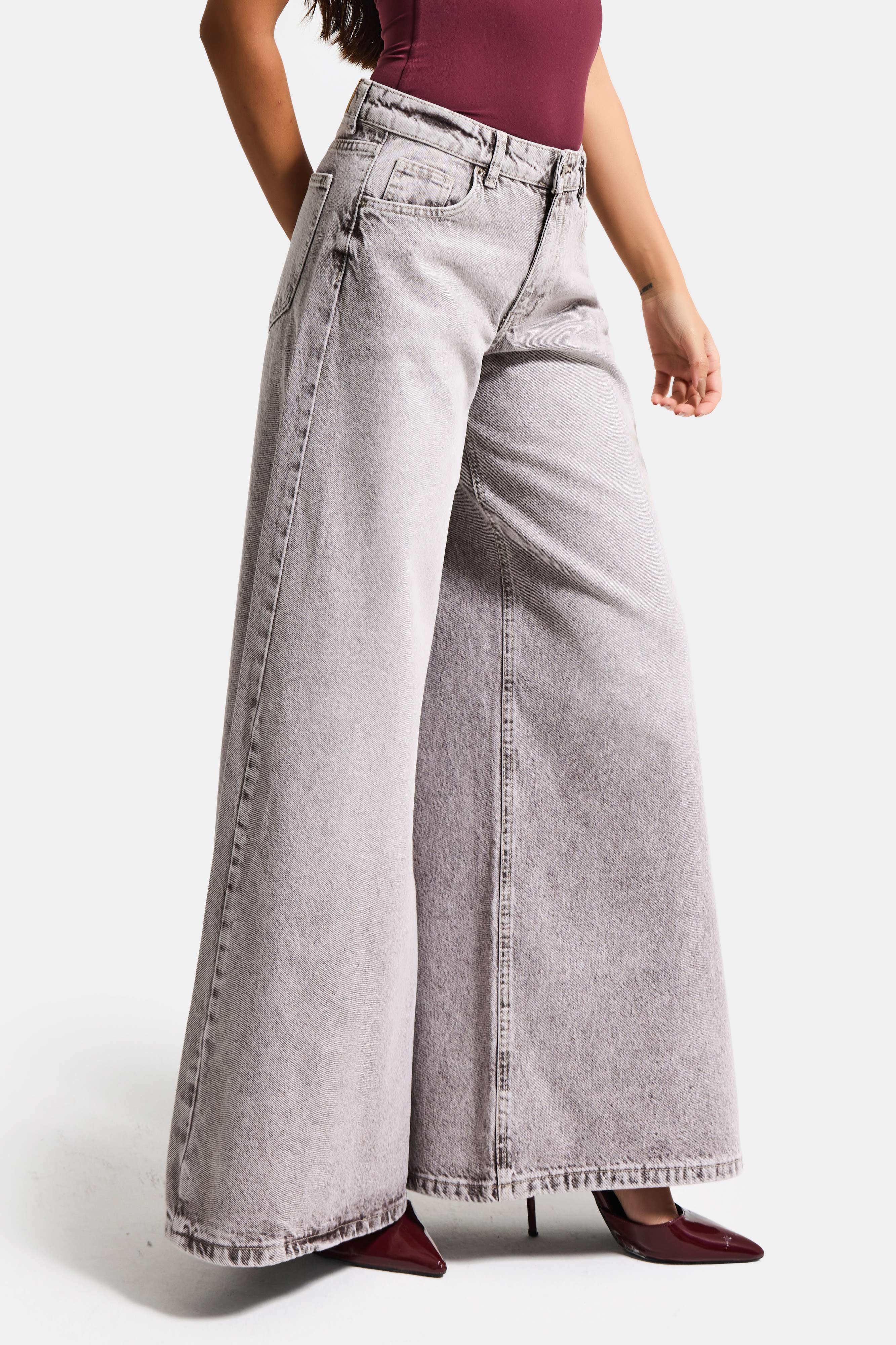 Kadın Taş Rengi 4s6-158 Elephant Leg Fit Süper Bol Kesim Denim Jean