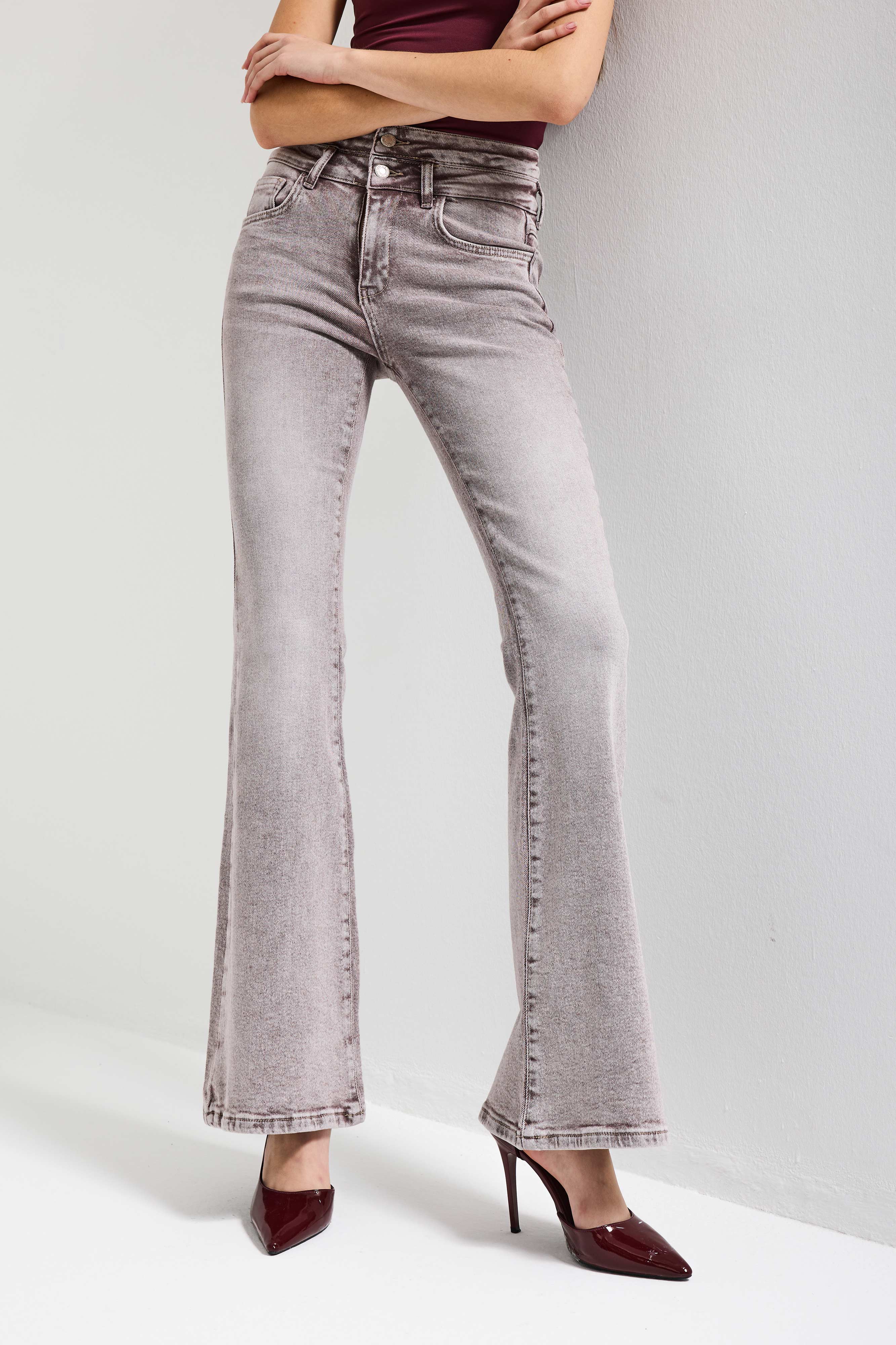 Kadın Taş Rengi 4s6-158 Flare Fit Esnek Kumaş Düşük Bel Denim Jean