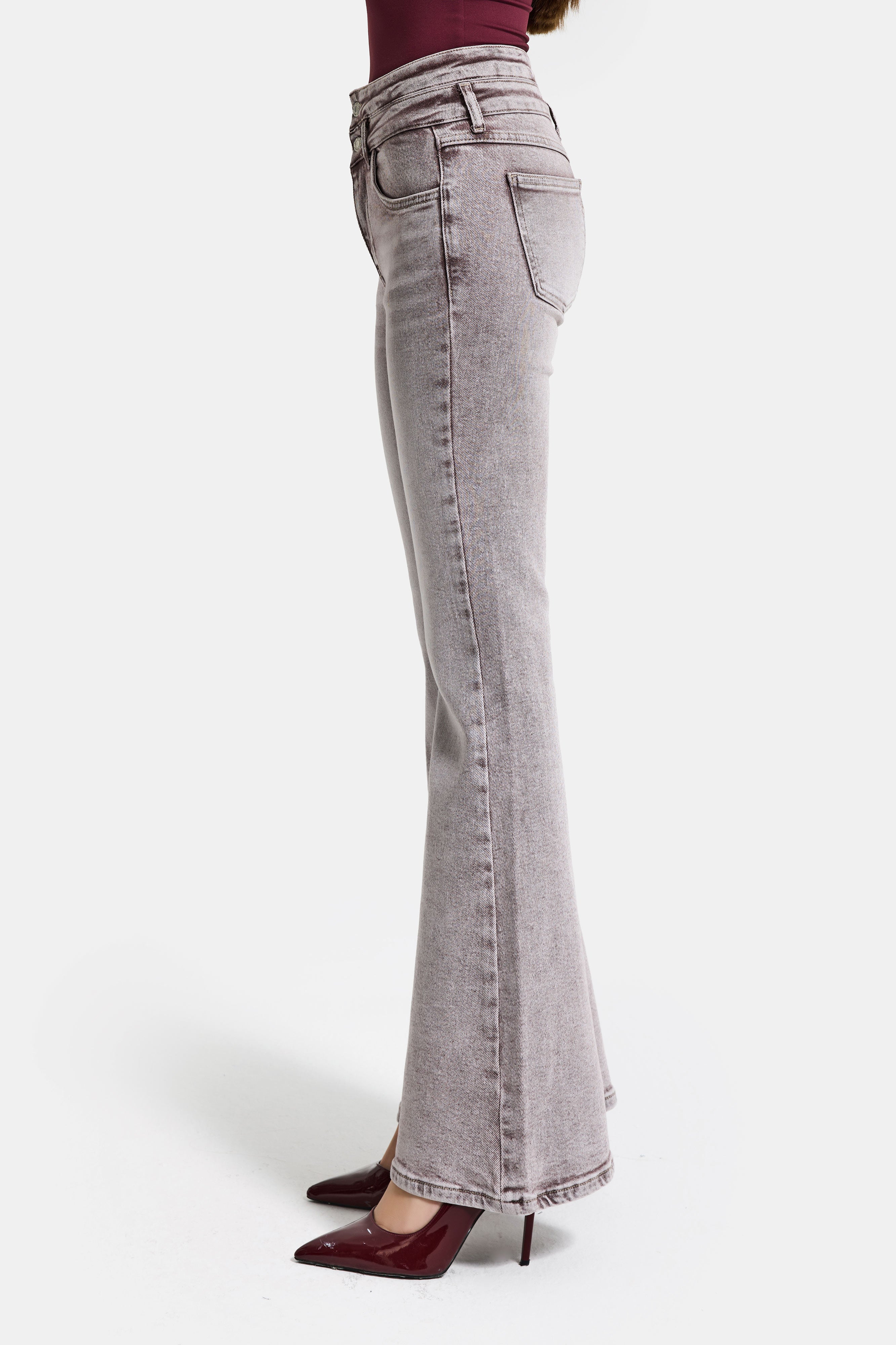 Kadın Taş Rengi 4s6-158 Flare Fit Esnek Kumaş Düşük Bel Denim Jean