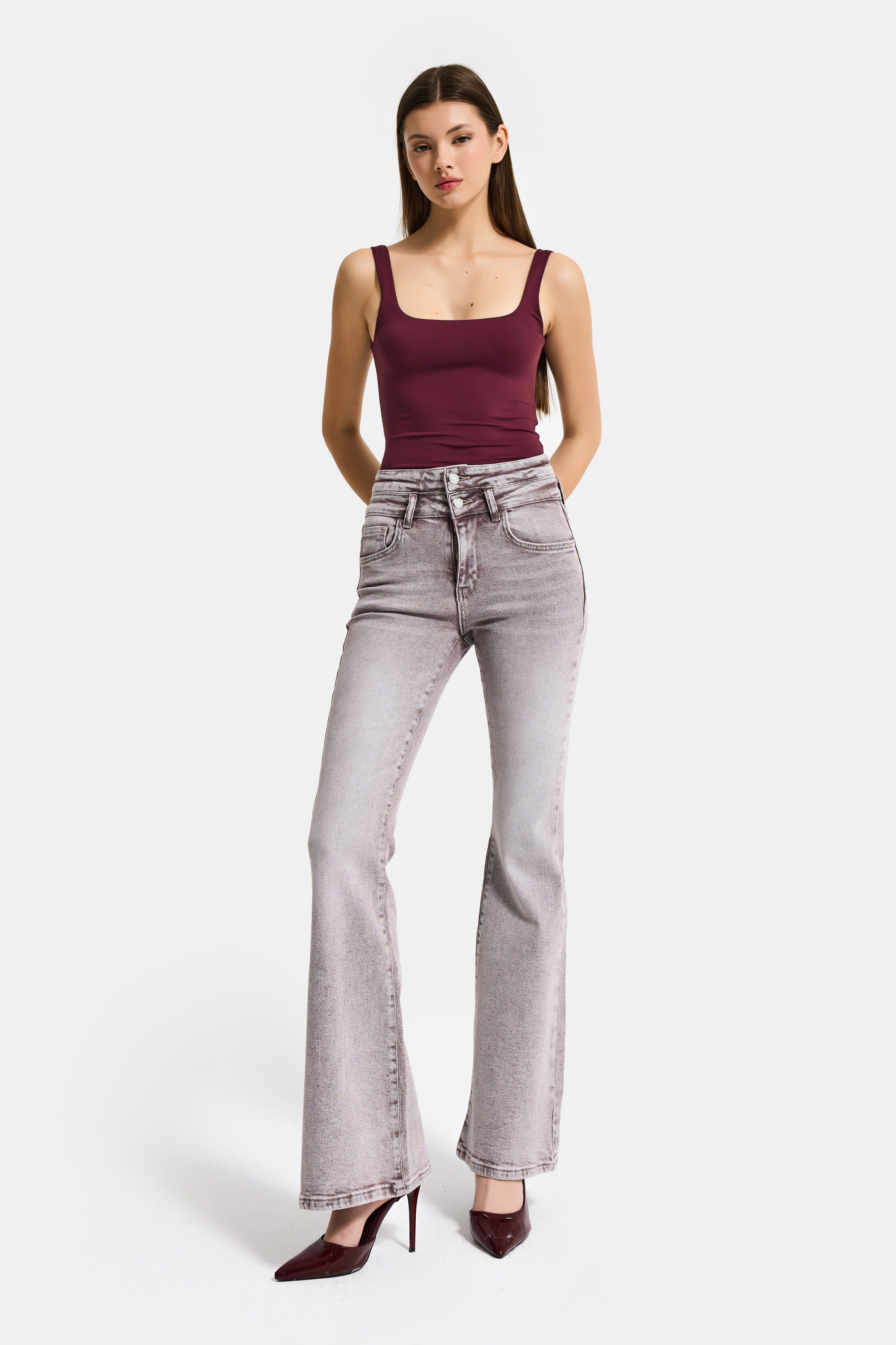 Kadın Taş Rengi 4s6-158 Flare Fit Esnek Kumaş Düşük Bel Denim Jean