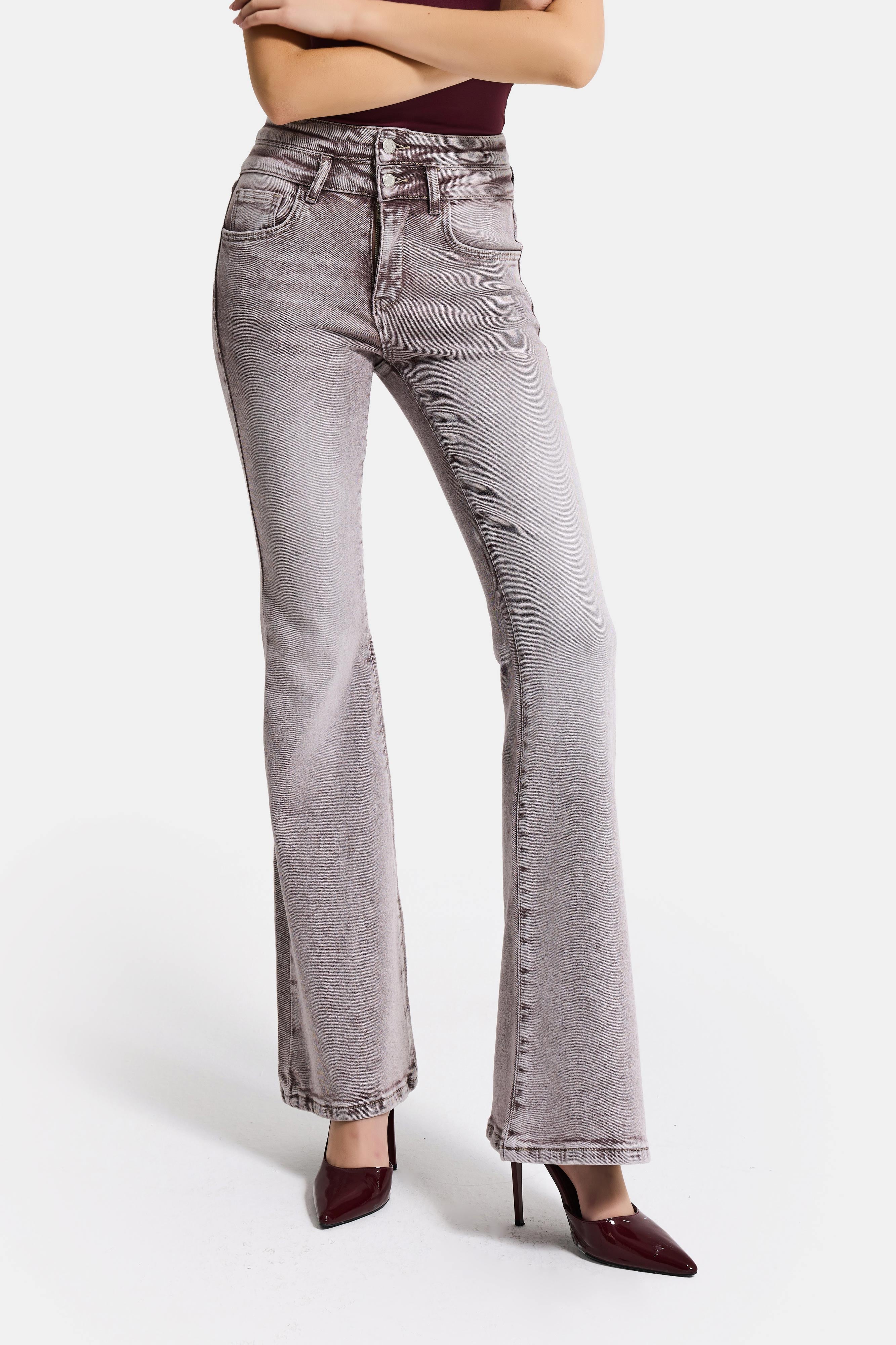 Kadın Taş Rengi 4s6-158 Flare Fit Esnek Kumaş Düşük Bel Denim Jean