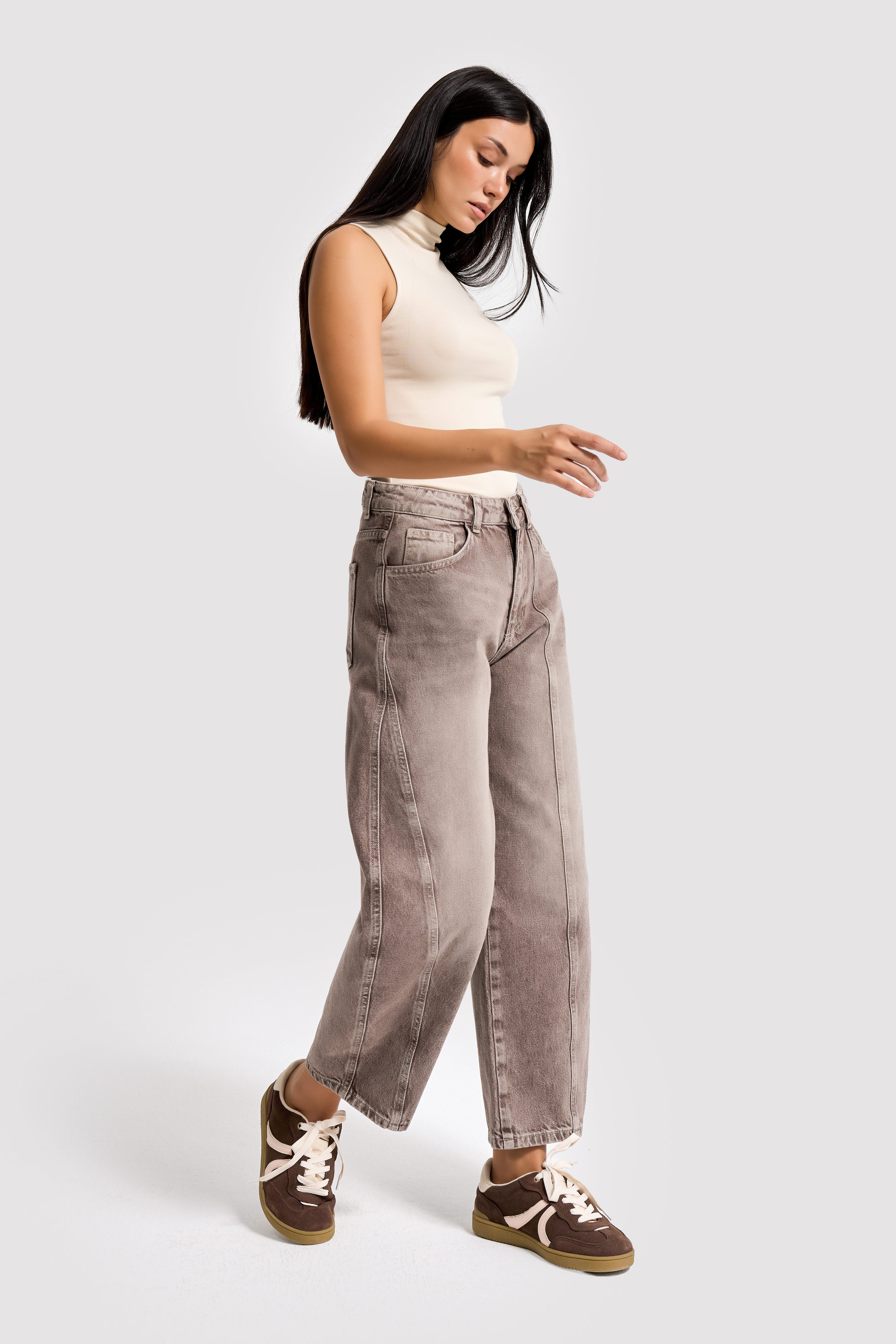 Kadın Taş Rengi 4s6-160 Barrel Fit Rahat Kesim %100 Koton Denim Jean