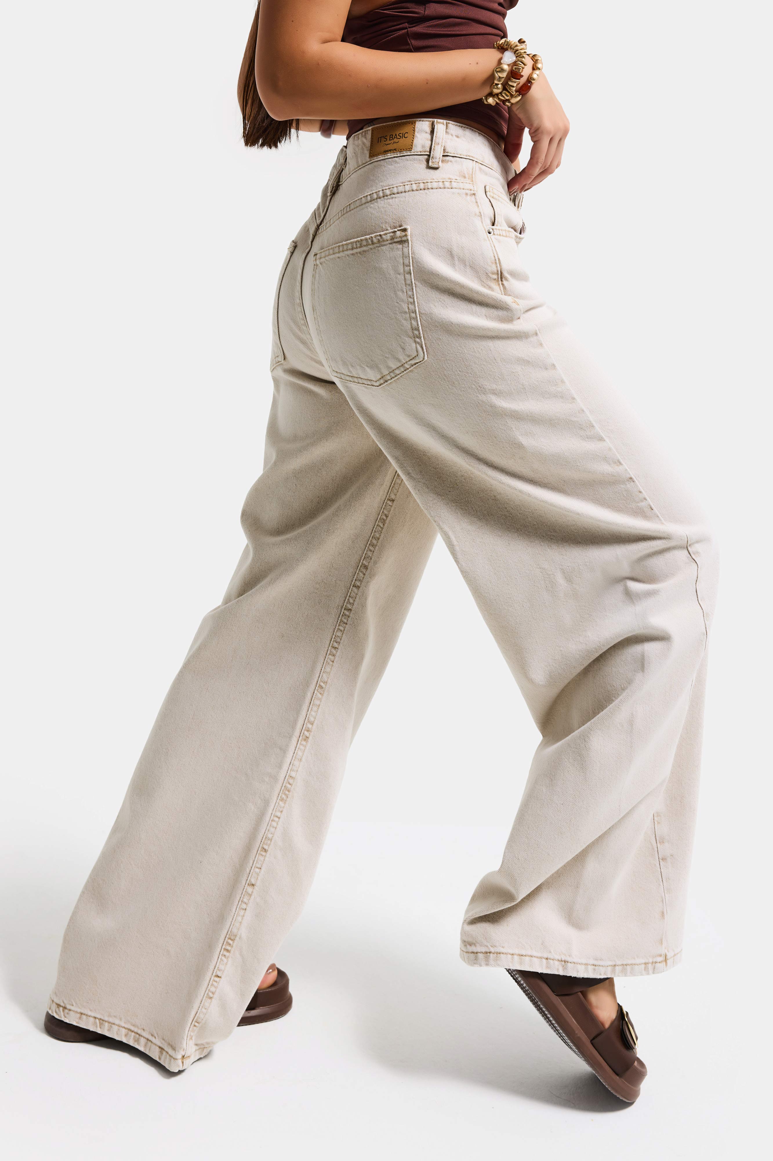 Kadın Taş Rengi 4s6-172 Palazzo Fit Orta Bel Denim Jean