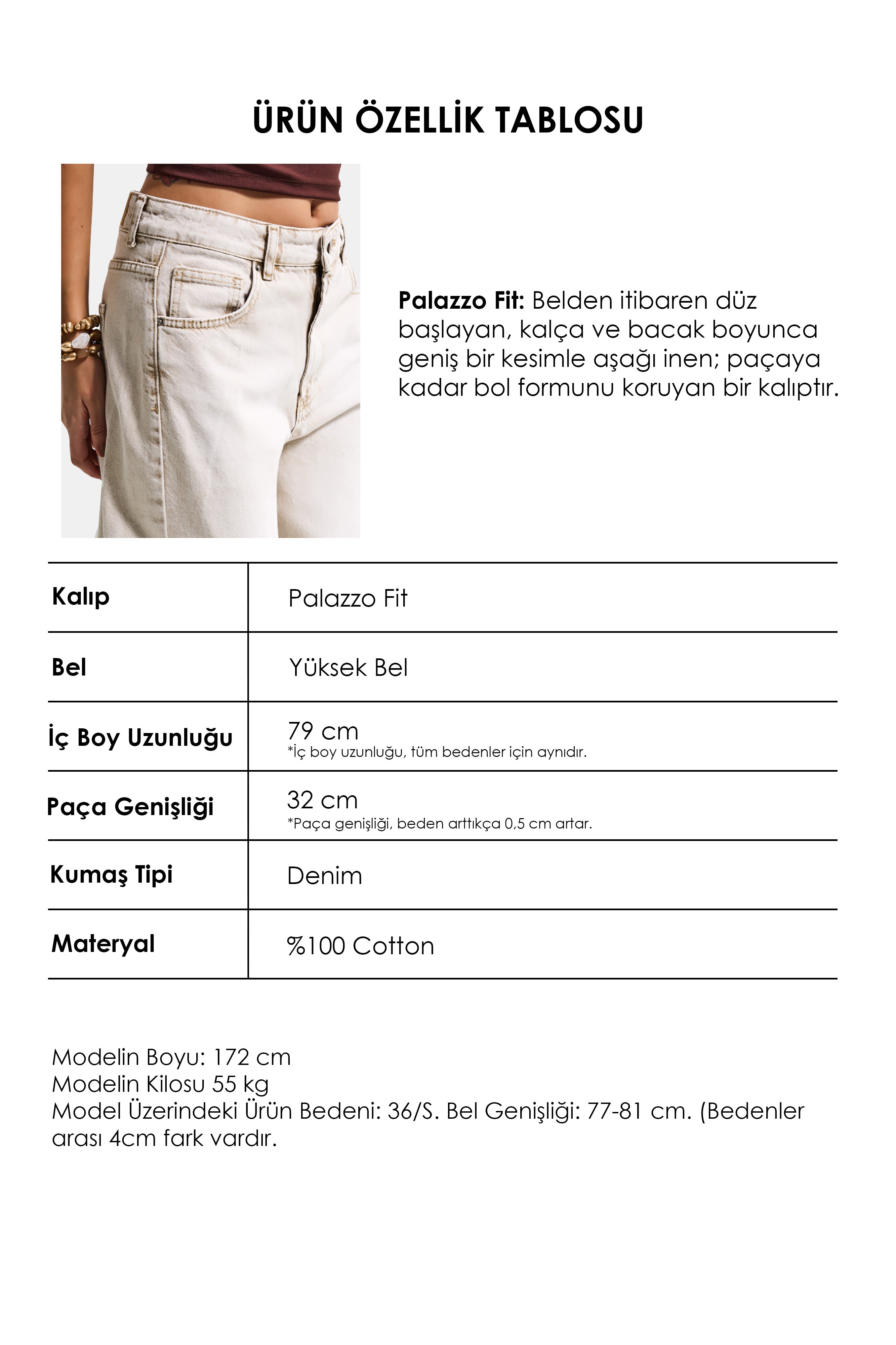 Kadın Taş Rengi 4s6-172 Palazzo Fit Orta Bel Denim Jean