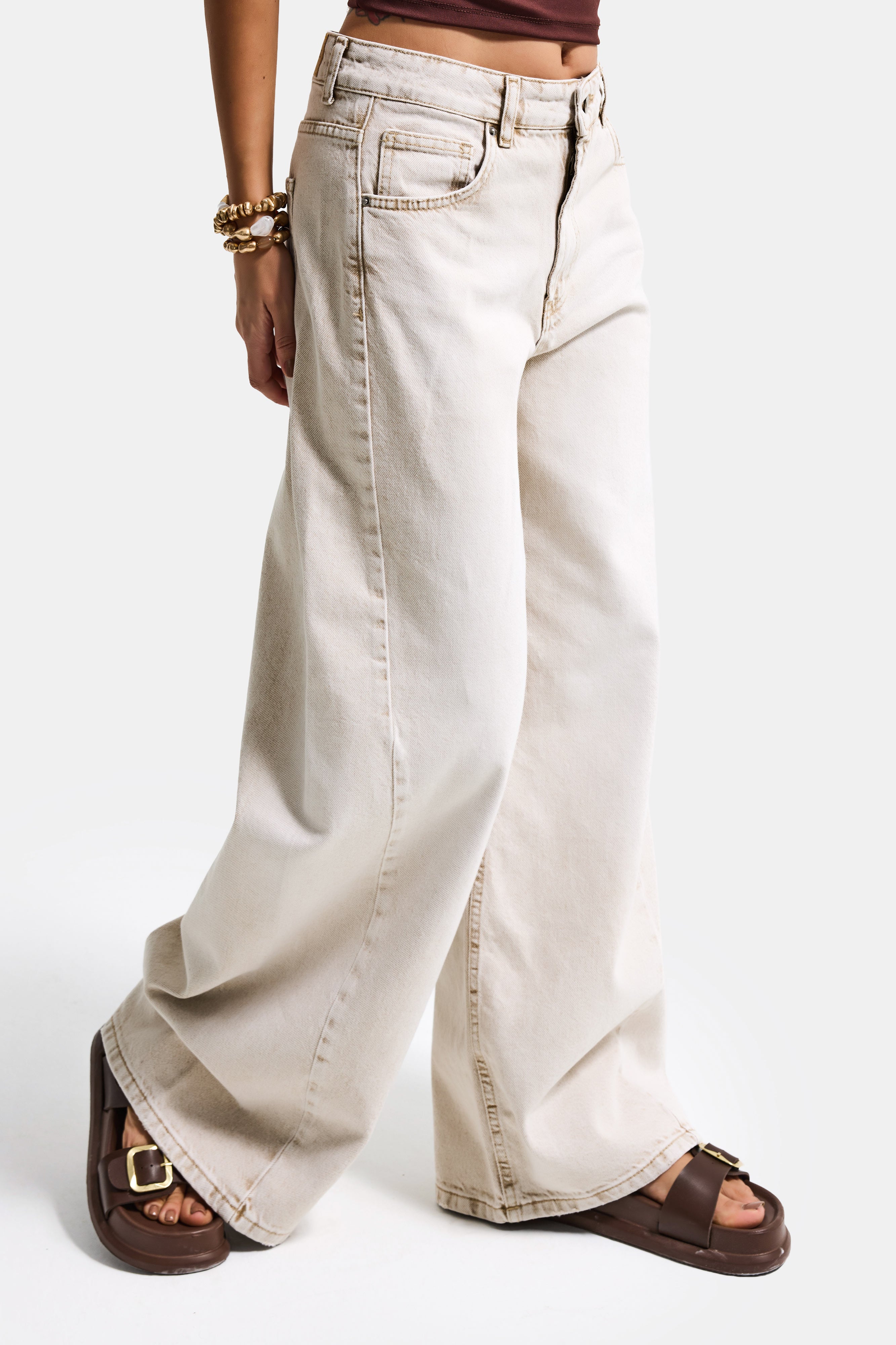 Kadın Taş Rengi 4s6-172 Palazzo Fit Orta Bel Denim Jean