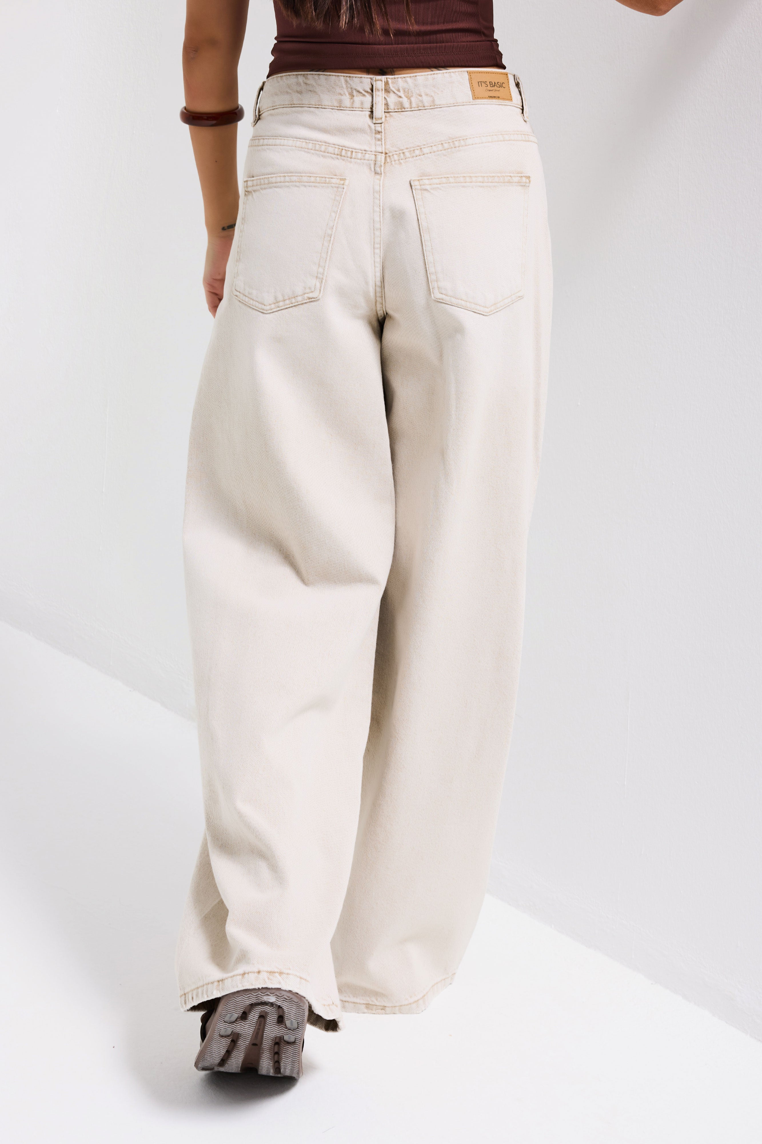 Kadın Taş Rengi 4s6-172 Palazzo Fit Orta Bel Denim Jean