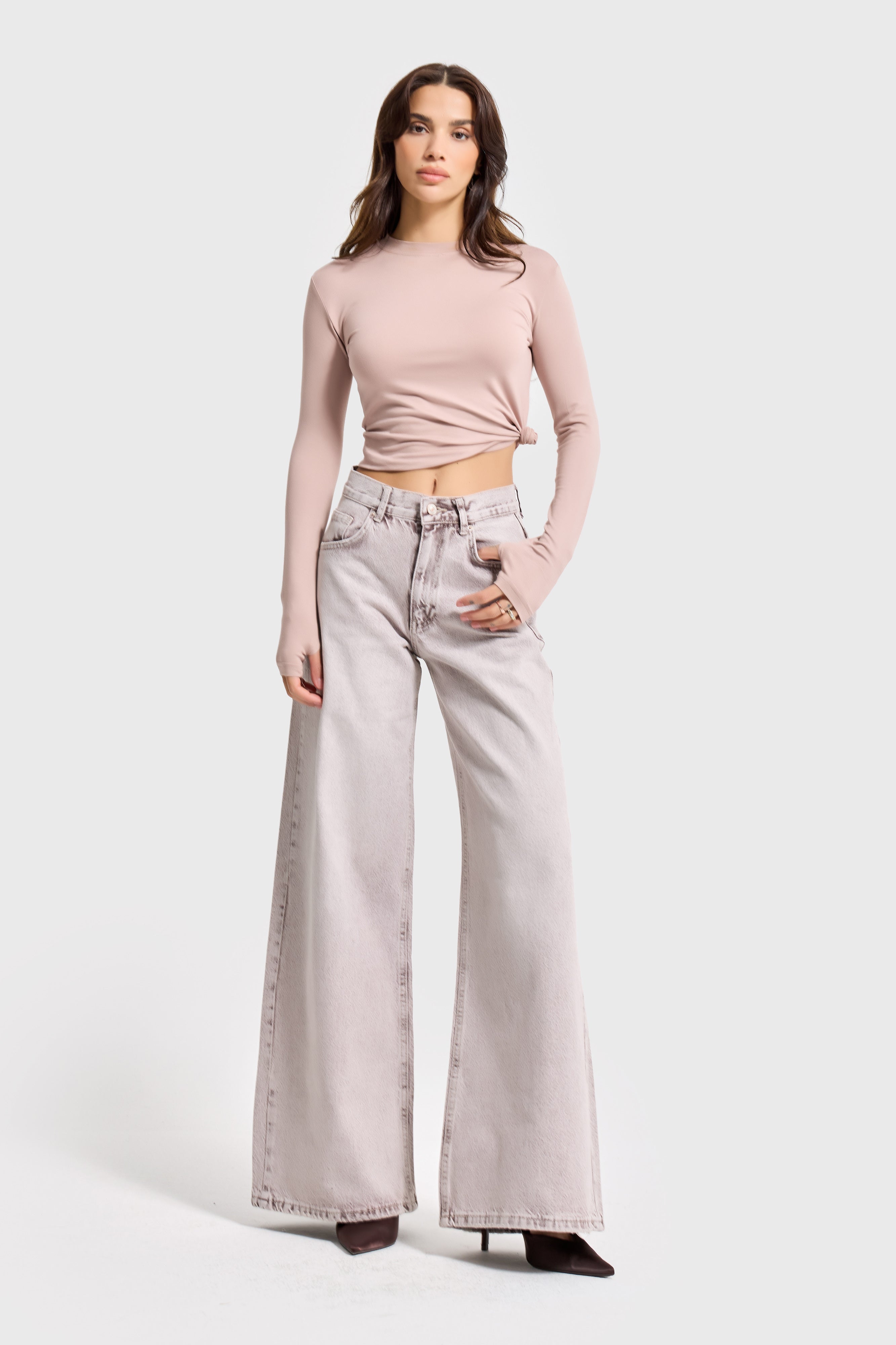 Kadın Taş Rengi Hera 4s6-158 Palazzo Fit %100 Koton Denim Jean