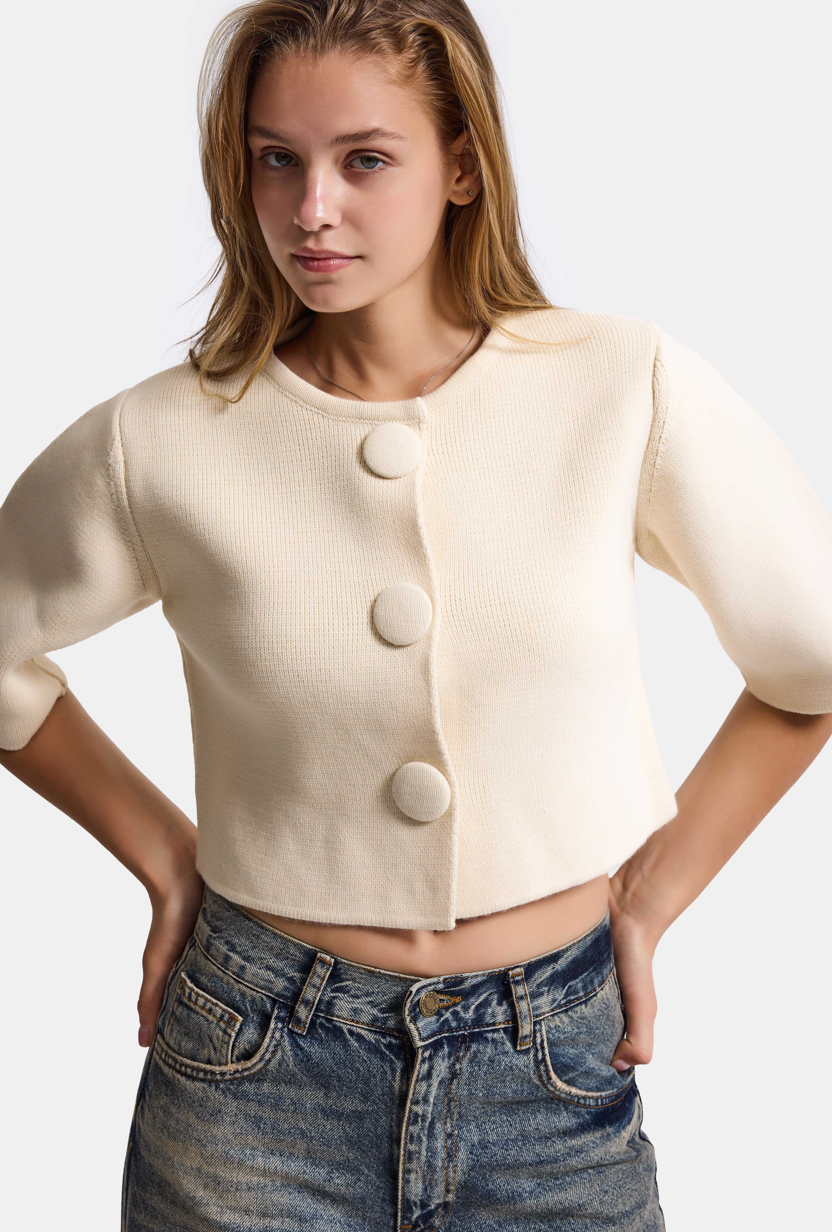 Kadın Taş Rengi w6-105 Büyük Düğmeli Kemer Boy Crop Cardigan Tasarım Triko Hırka