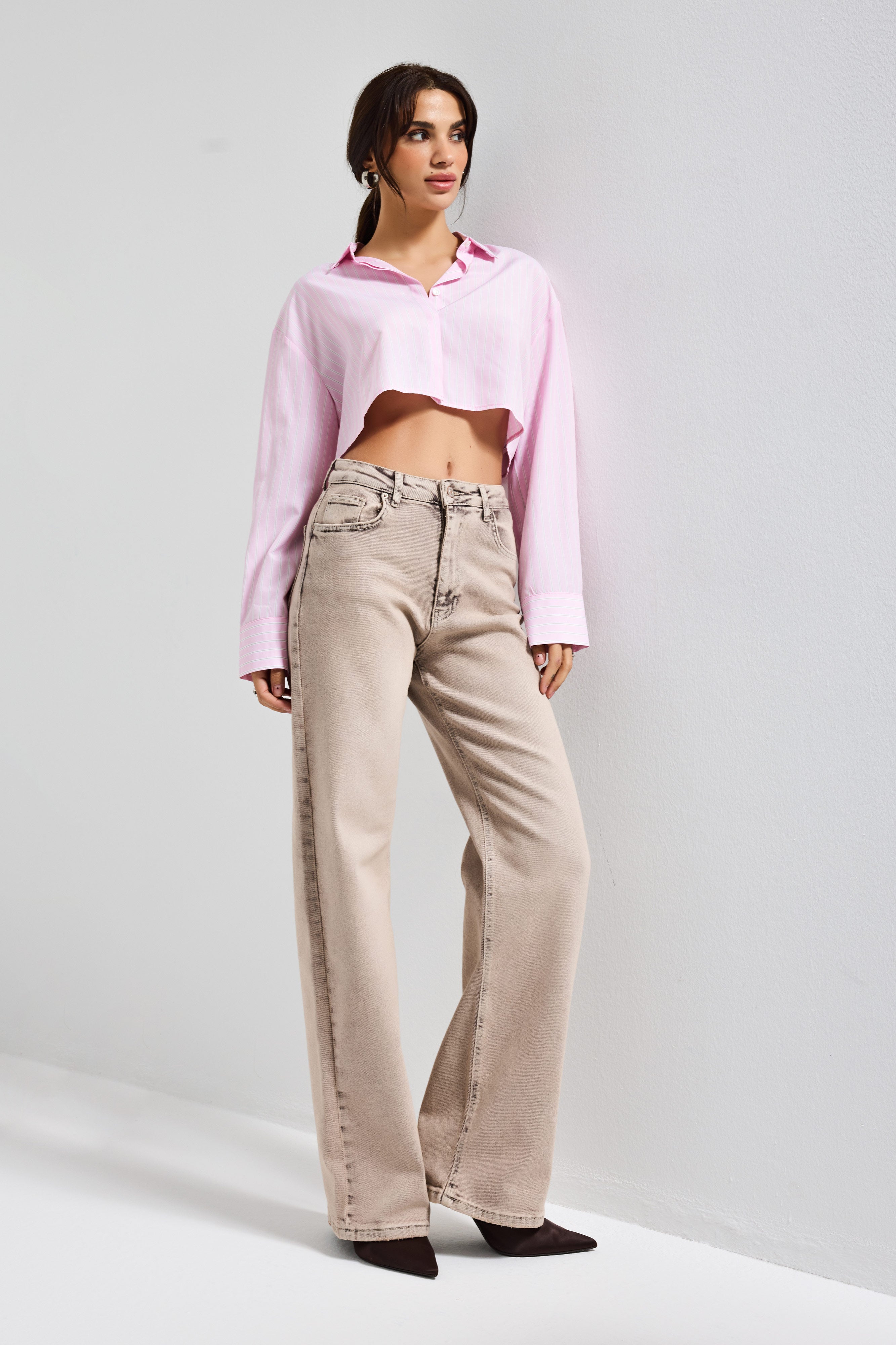 Kadın Taş Renk 4s6-167 Straight Fit Yüksek Bel Elastan Kumaş Denim Jean