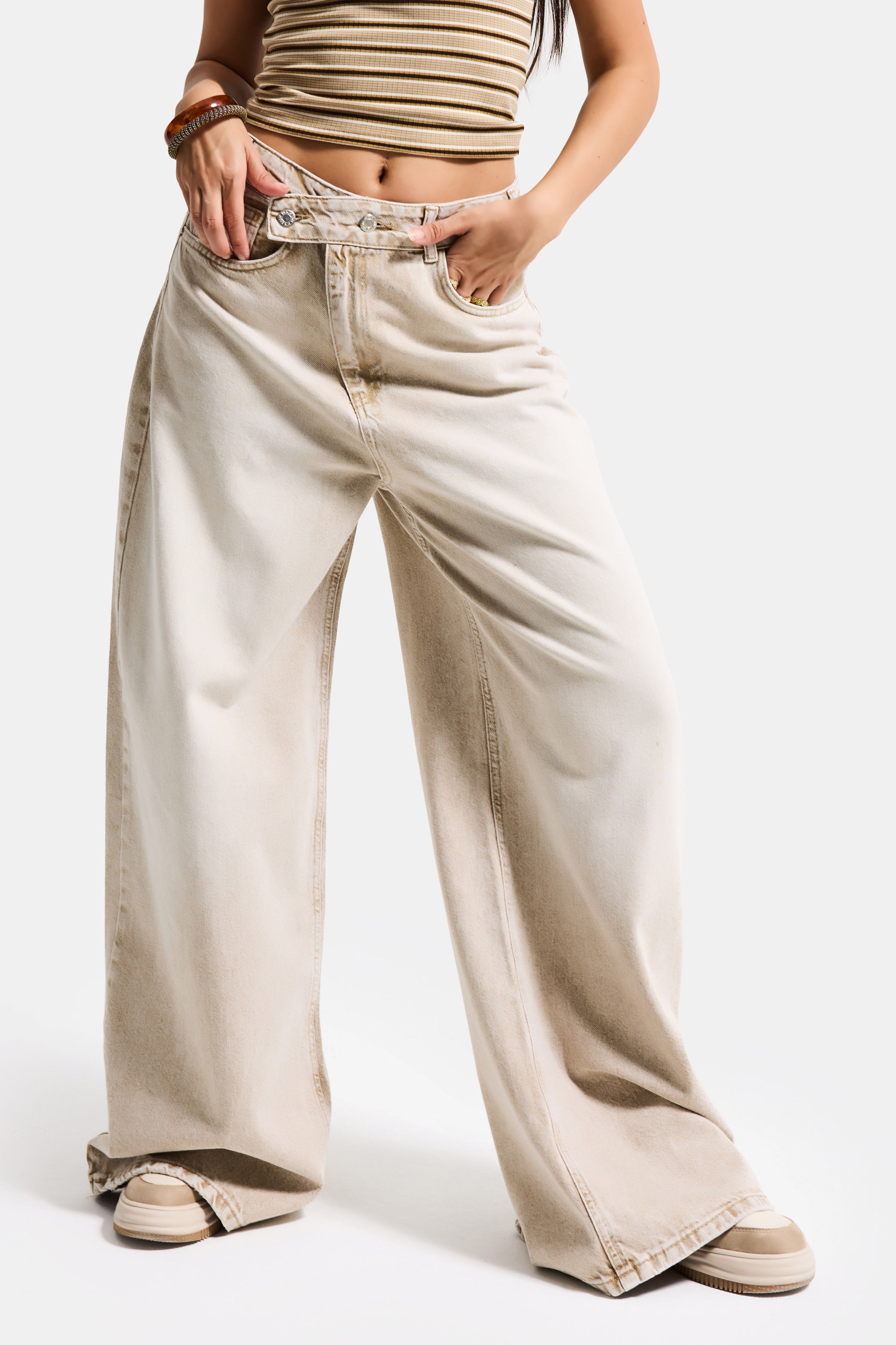 Kadın Taş Renk 4s6-76 Mega Baggy Fit Kemer Detaylı Bol Kesim Denim Jean