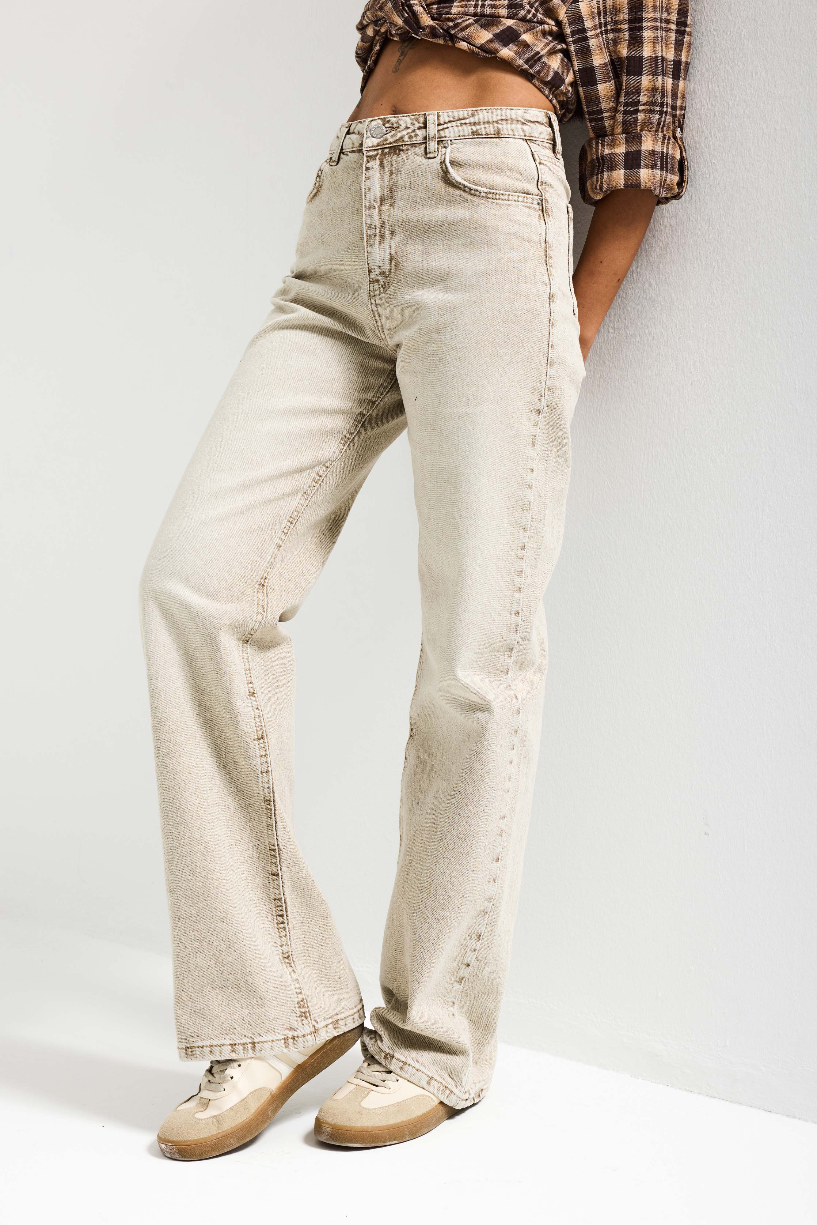 Kadın Taş Renk 4s6-76 Straight Fit Yüksek Bel Komfort Kumaş Denim Jean