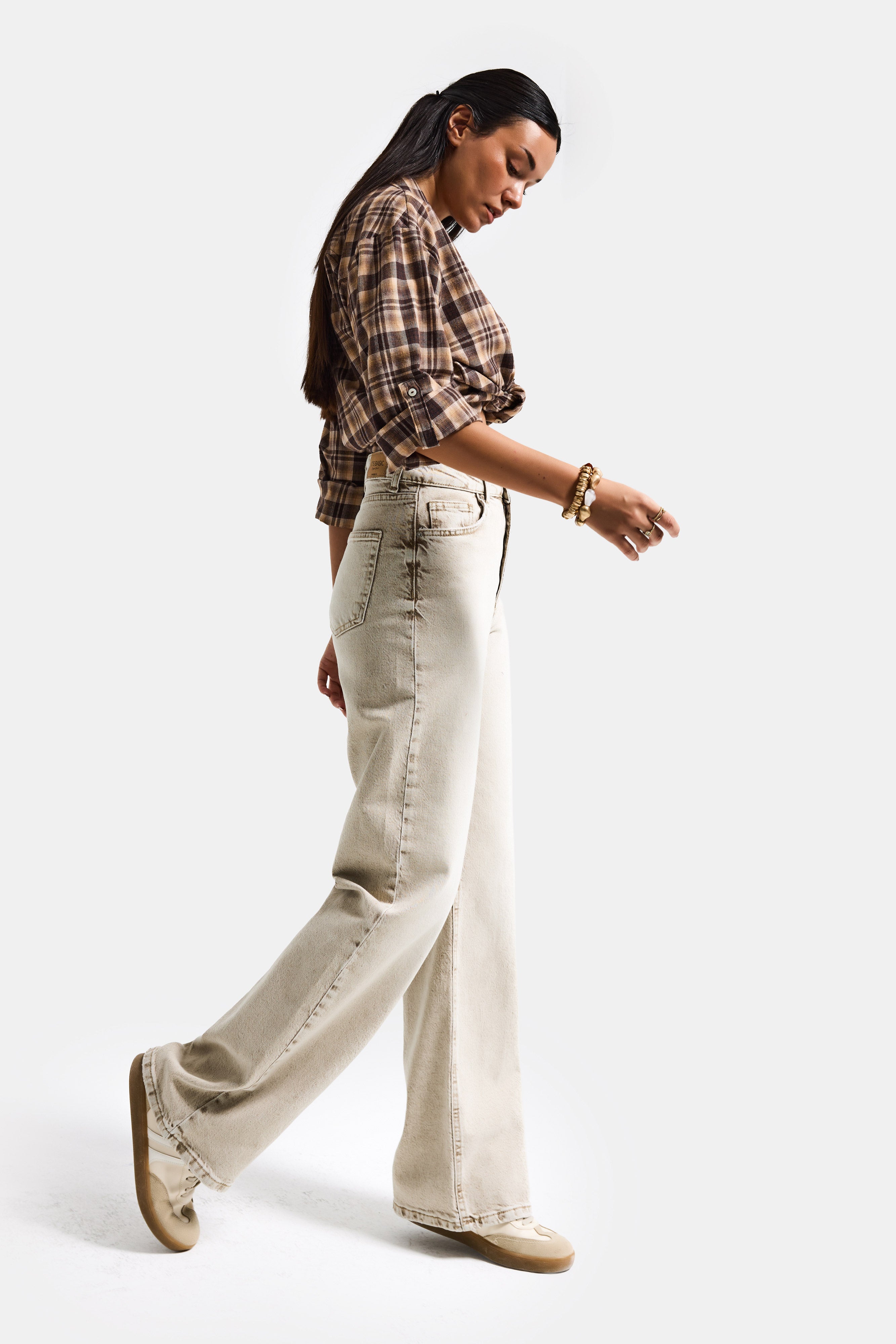 Kadın Taş Renk 4s6-76 Straight Fit Yüksek Bel Komfort Kumaş Denim Jean