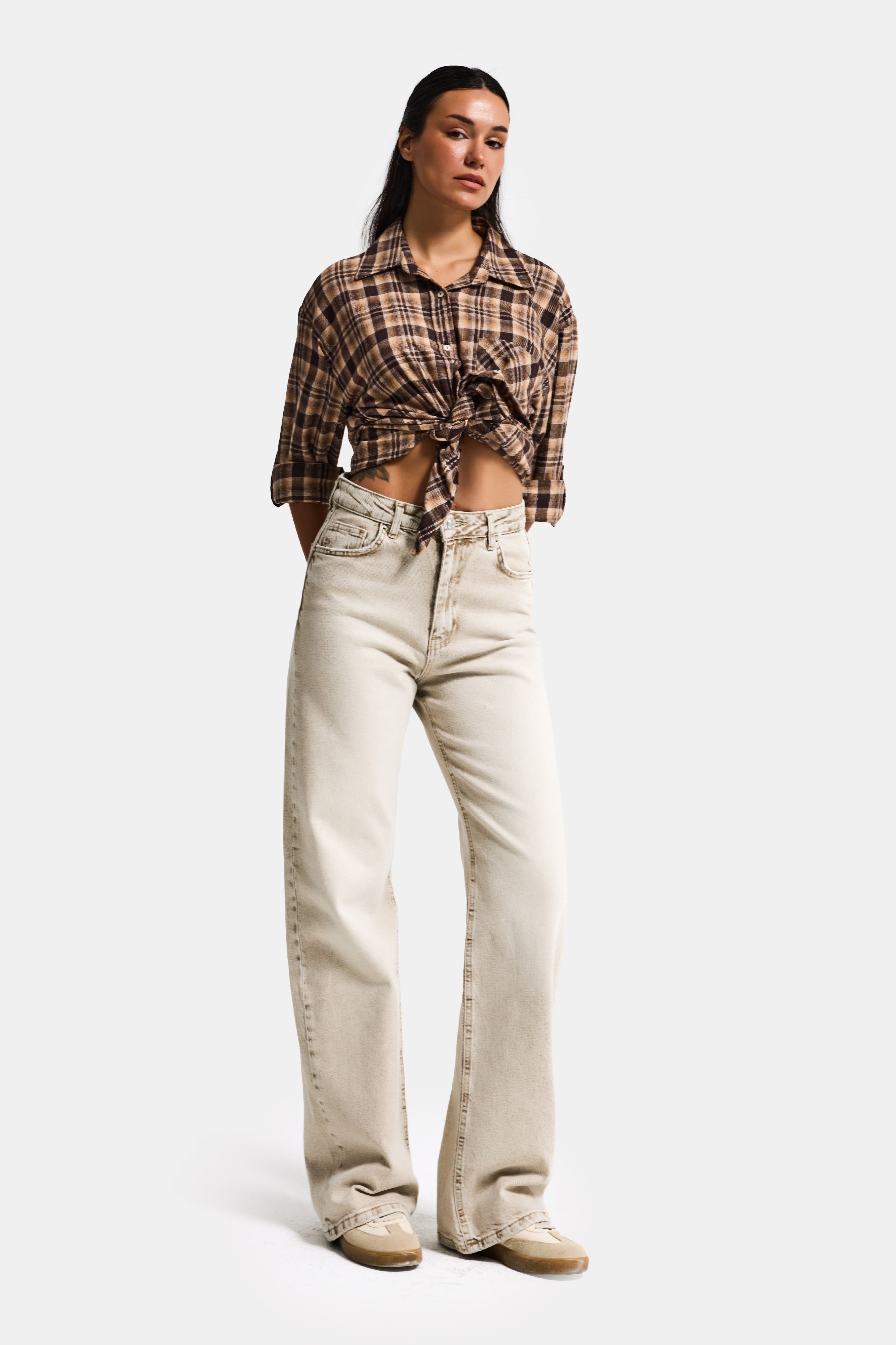 Kadın Taş Renk 4s6-76 Straight Fit Yüksek Bel Komfort Kumaş Denim Jean