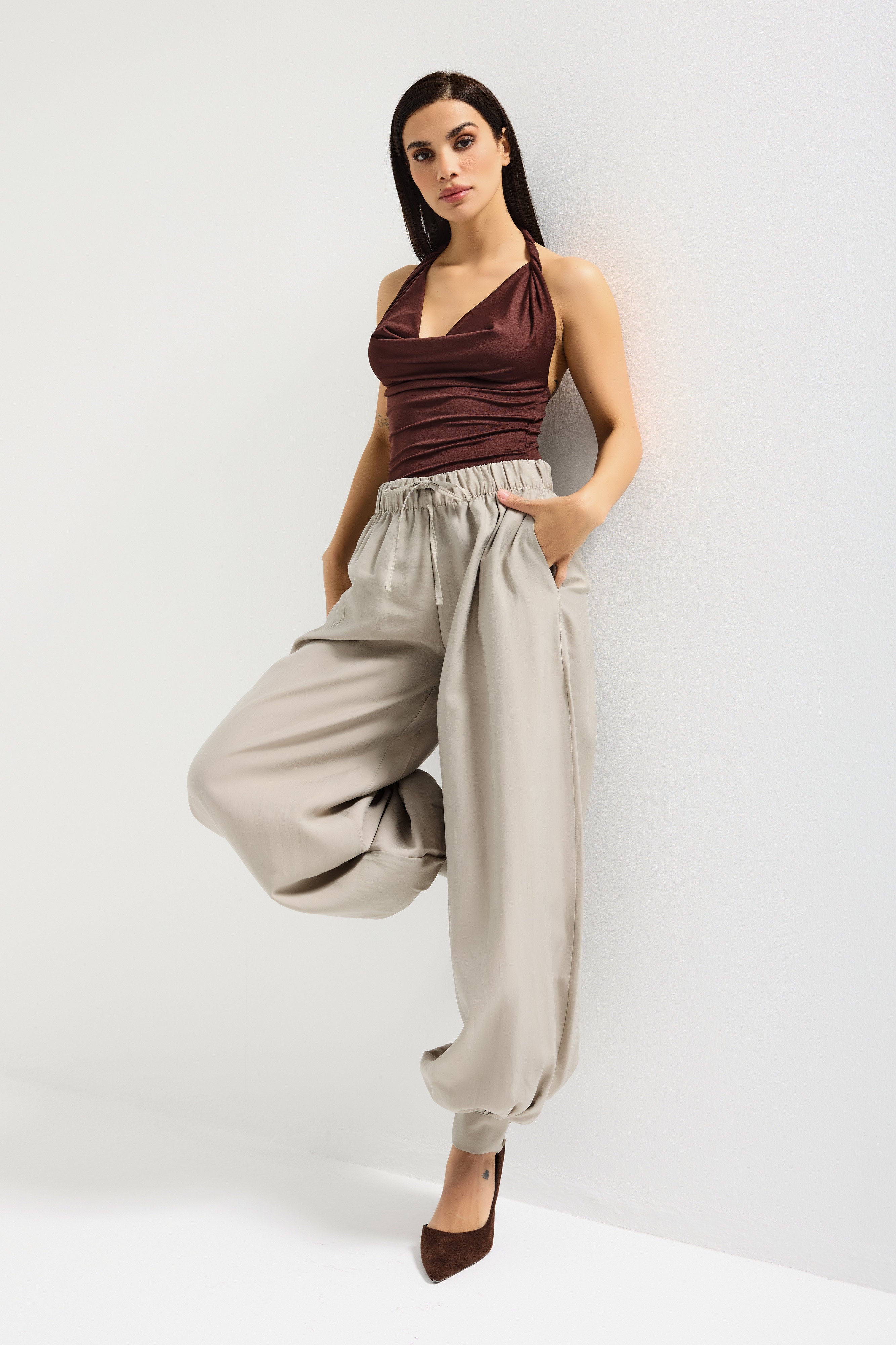 Kadın Taş Renk s5-106 Baggy Fit Viskon Kumaş Rahat Kesim Yürüyüş Pantolonu