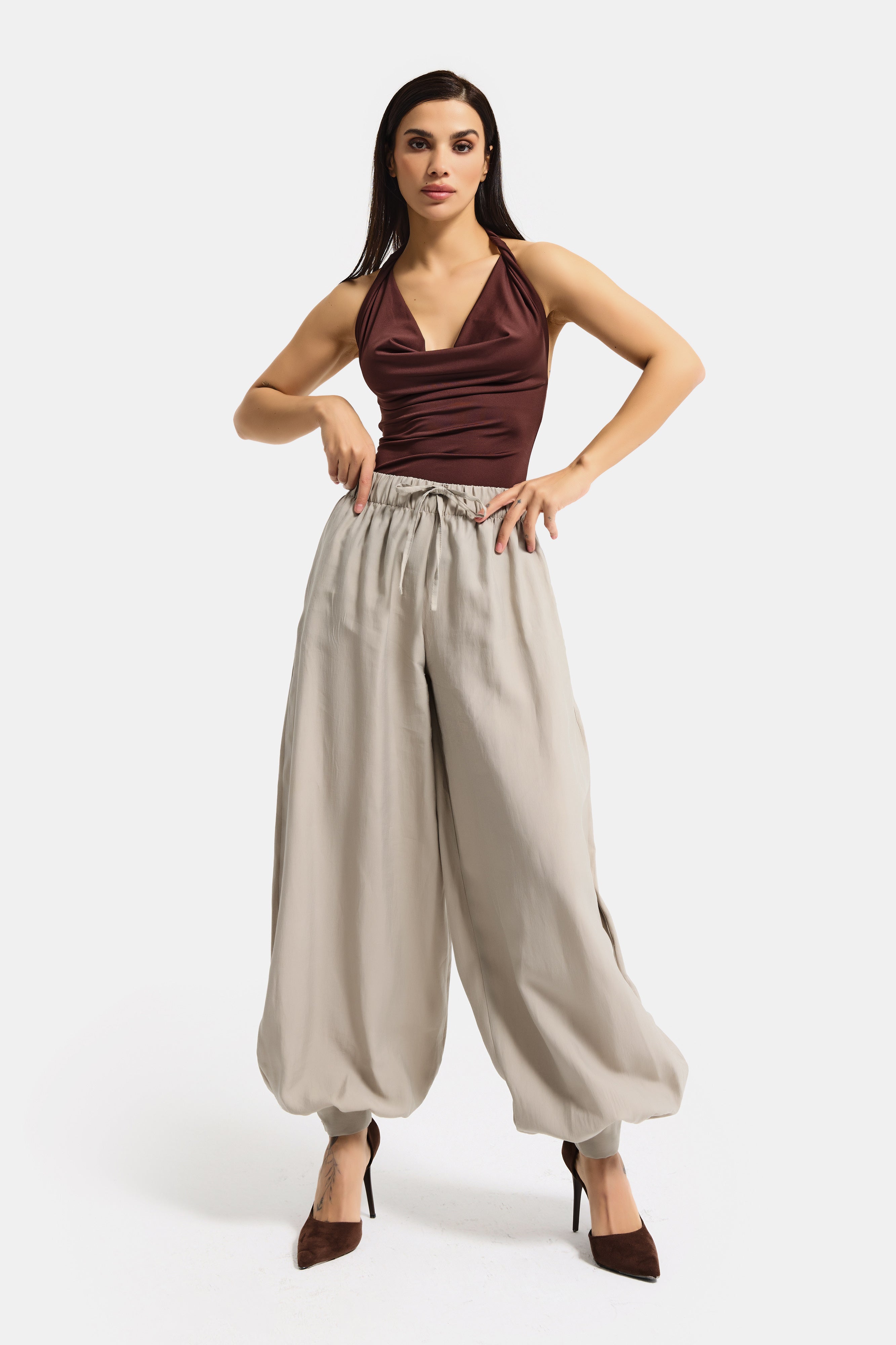 Kadın Taş Renk s5-106 Baggy Fit Viskon Kumaş Rahat Kesim Yürüyüş Pantolonu