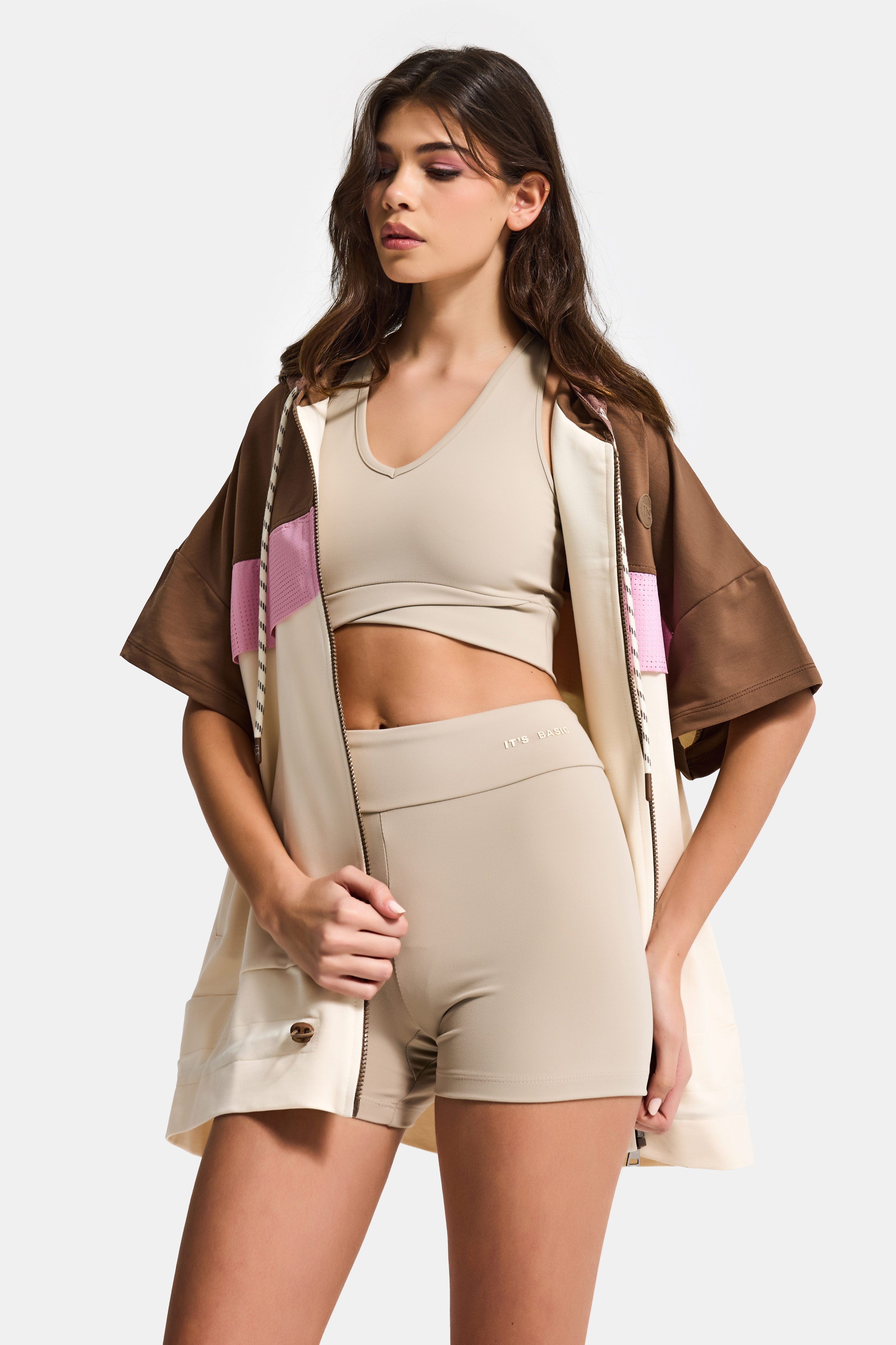 Kadın Taş Renk s6-16 Sweatshirt Büstiyer Sporcu Taytı 3'lü Tasarım Takım