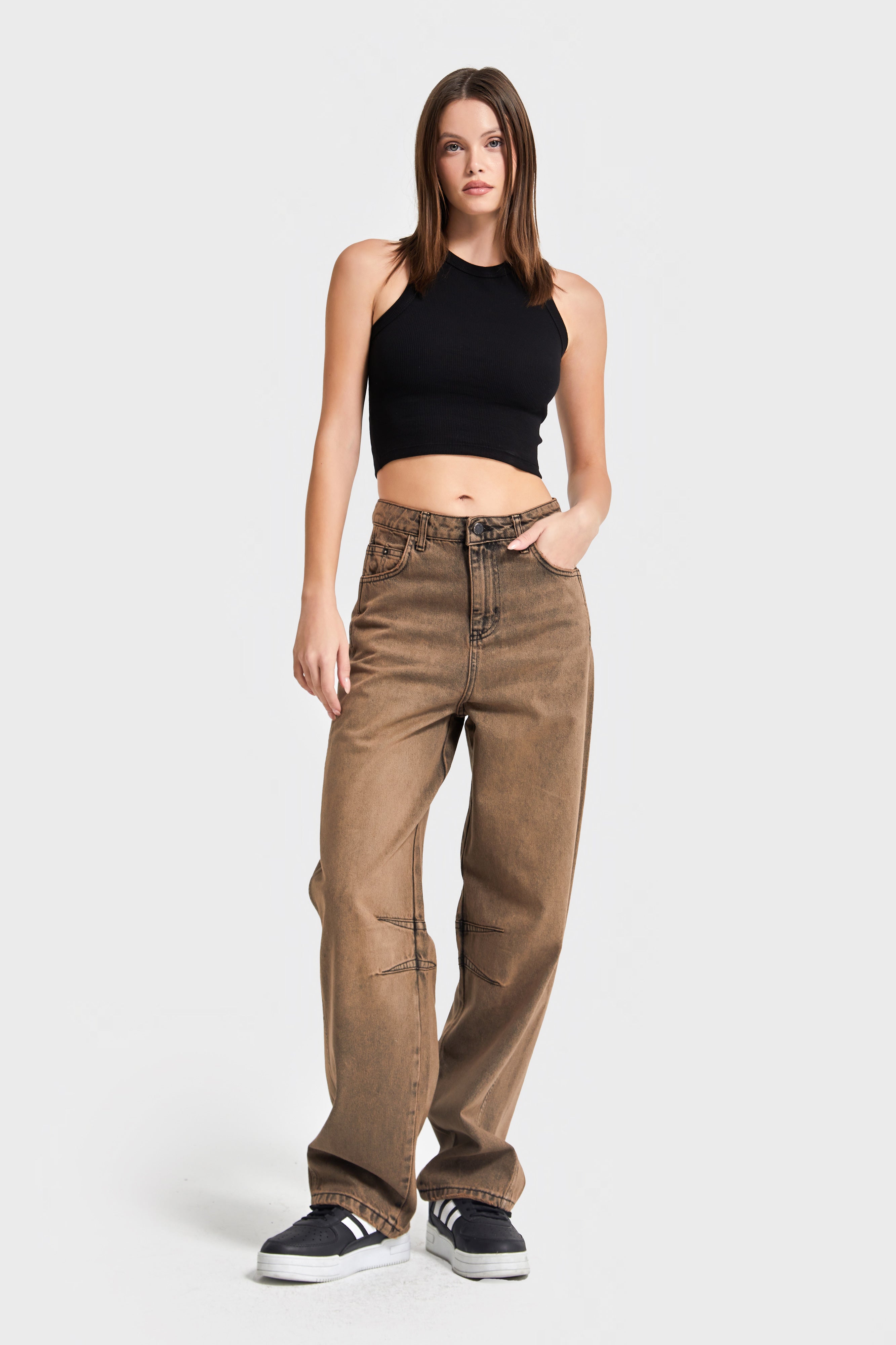 Kadın Taşlanmış Kahve Renk 4w5-88 Baggy Fit Bol Kesim Denim Jean