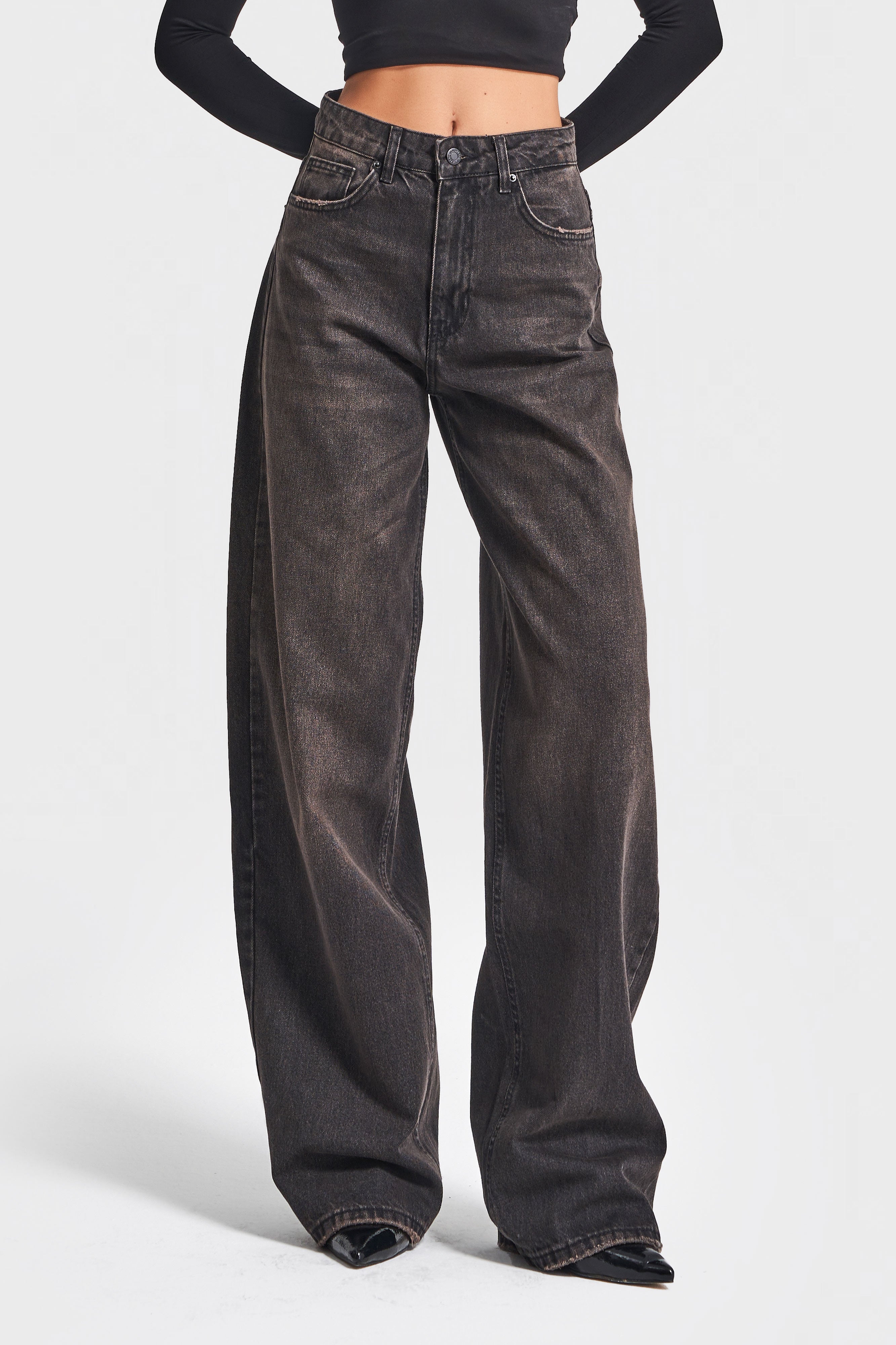 Kadın Taşlanmış Kahverengi 17w5-62 Süper Yüksek Bel Skater Fit Bol Kesim %100 Koton Denim Jean