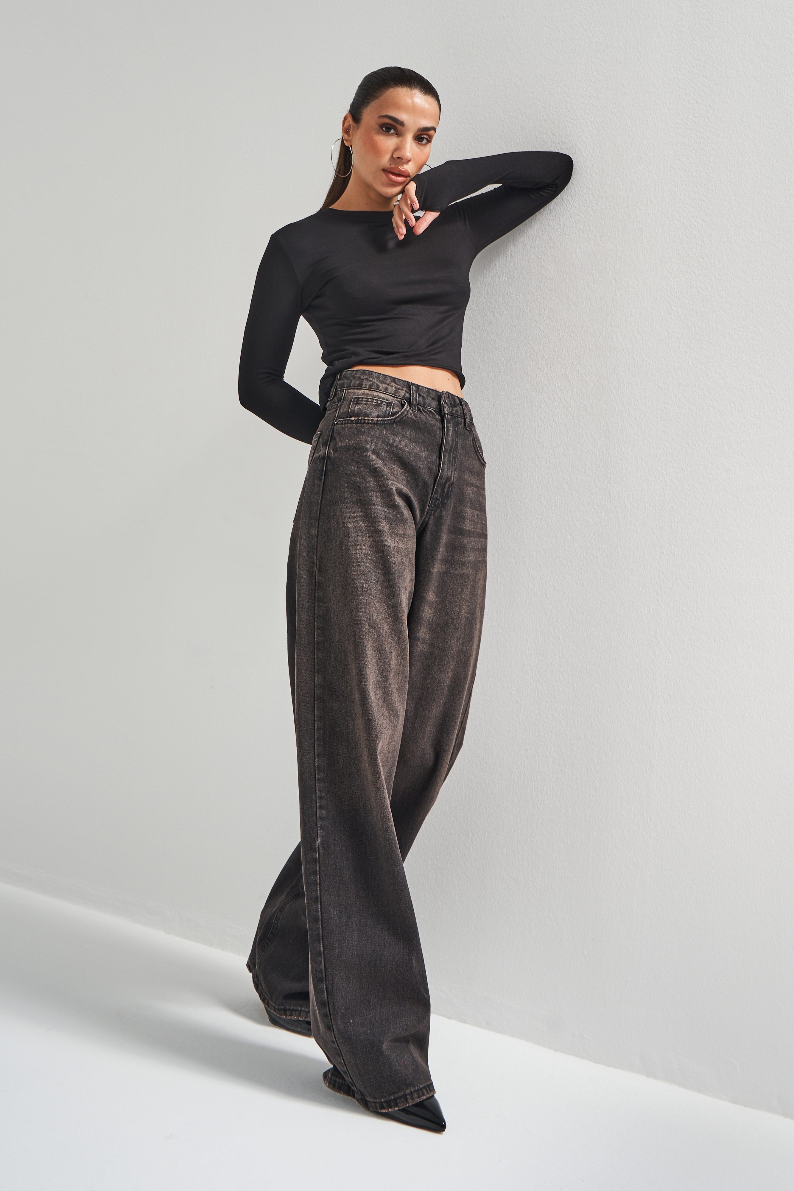 Kadın Taşlanmış Kahverengi 17w5-62 Süper Yüksek Bel Skater Fit Bol Kesim %100 Koton Denim Jean