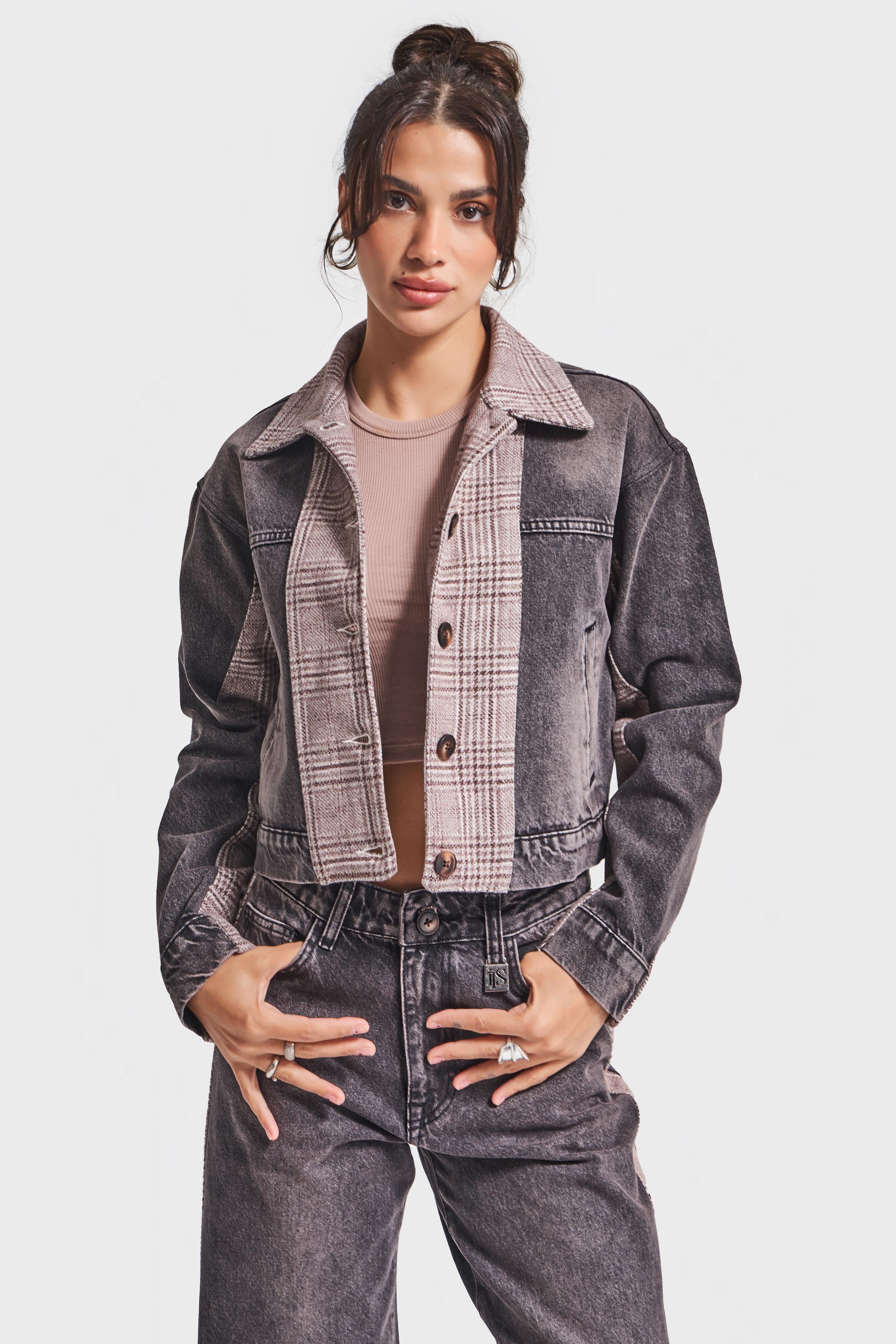 Kadın Taşlanmış Koyu Kot Rengi 4w5-143 Çift Parça Kumaş Önden Düğmeli Özel Tasarım Denim Ceket