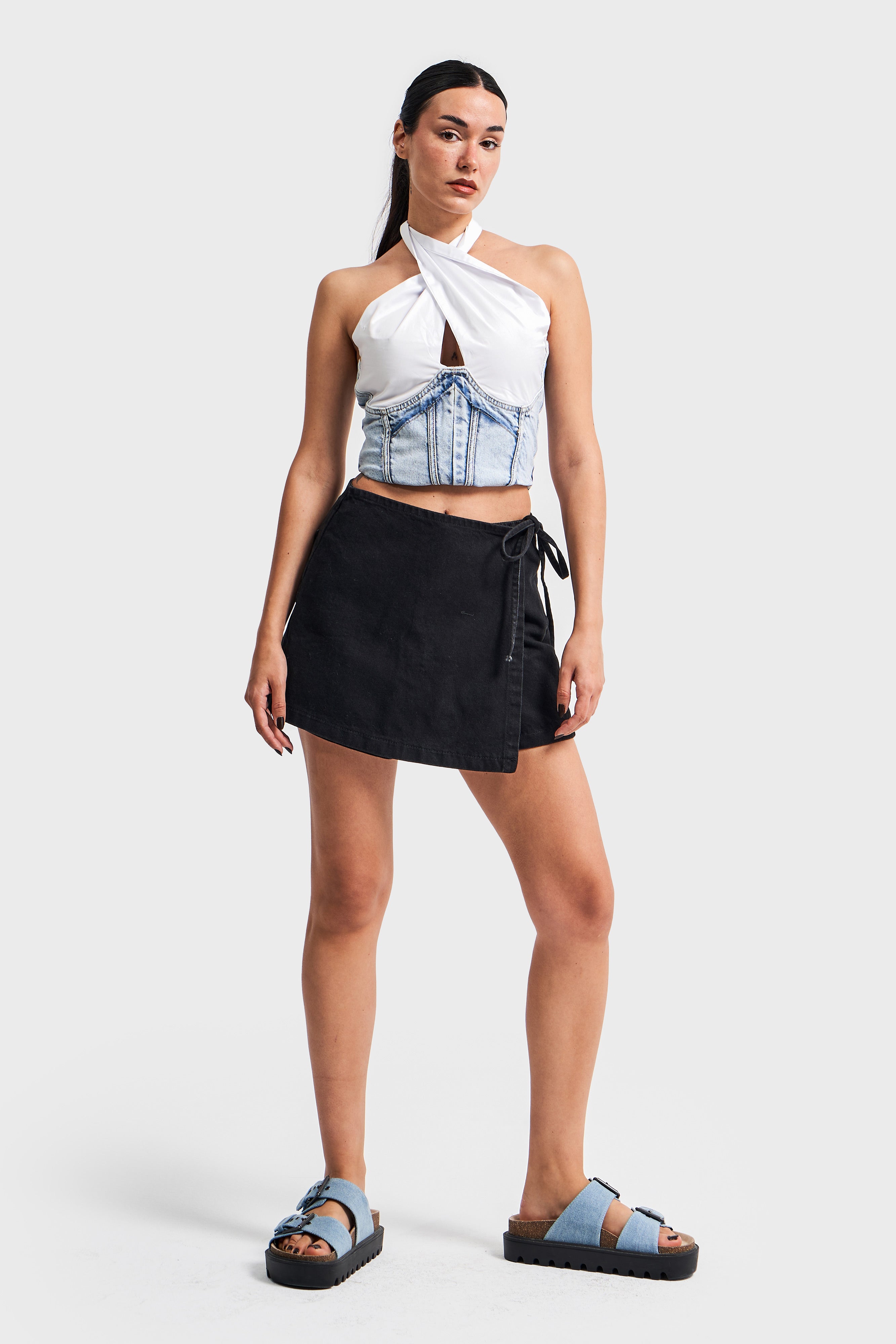 Women's Stonewashed Black Color Waist Tie Denim Shorts Skirt