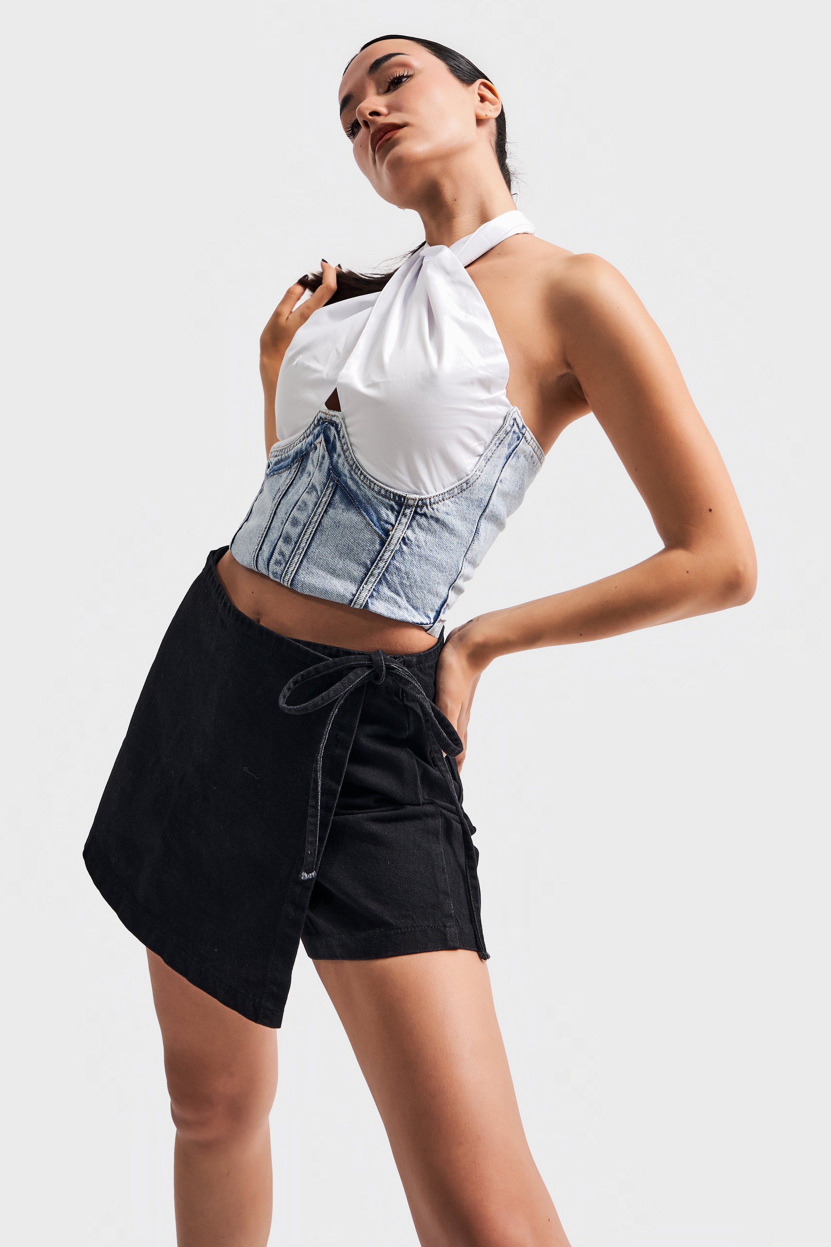 Women's Stonewashed Black Color Waist Tie Denim Shorts Skirt