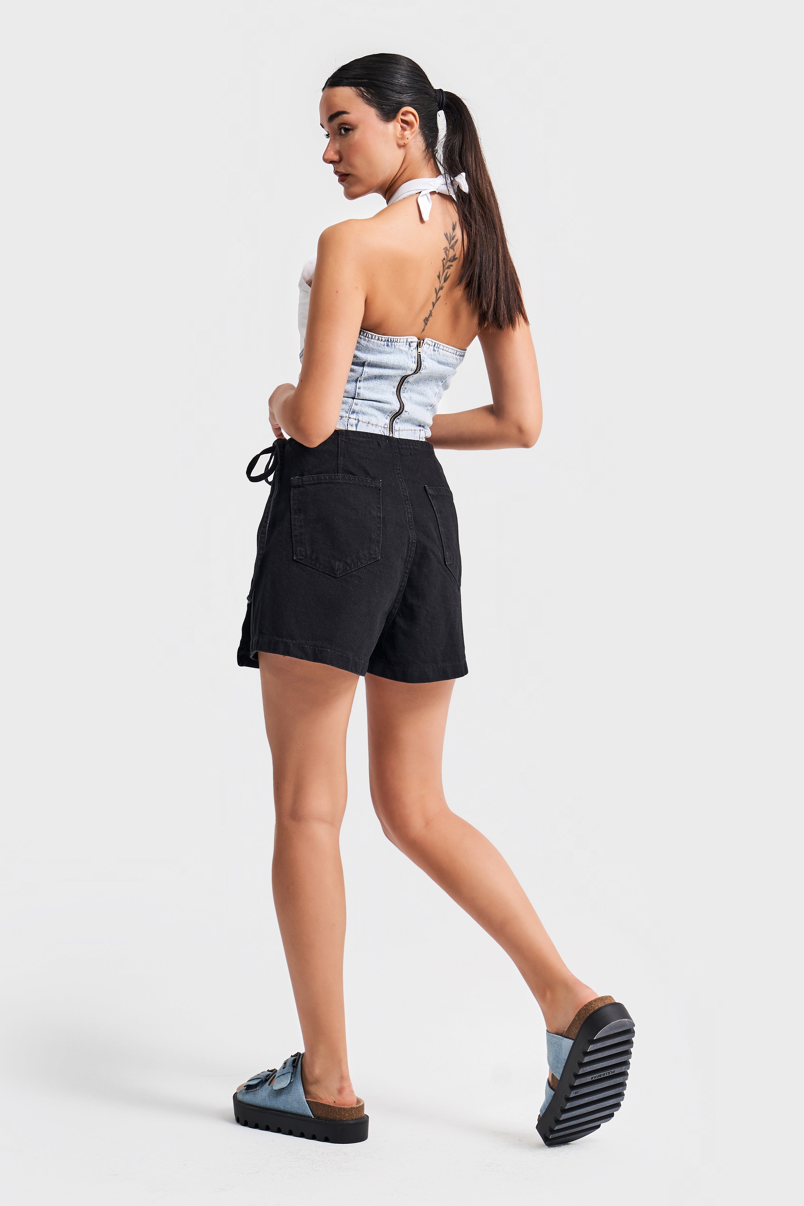 Women's Stonewashed Black Color Waist Tie Denim Shorts Skirt