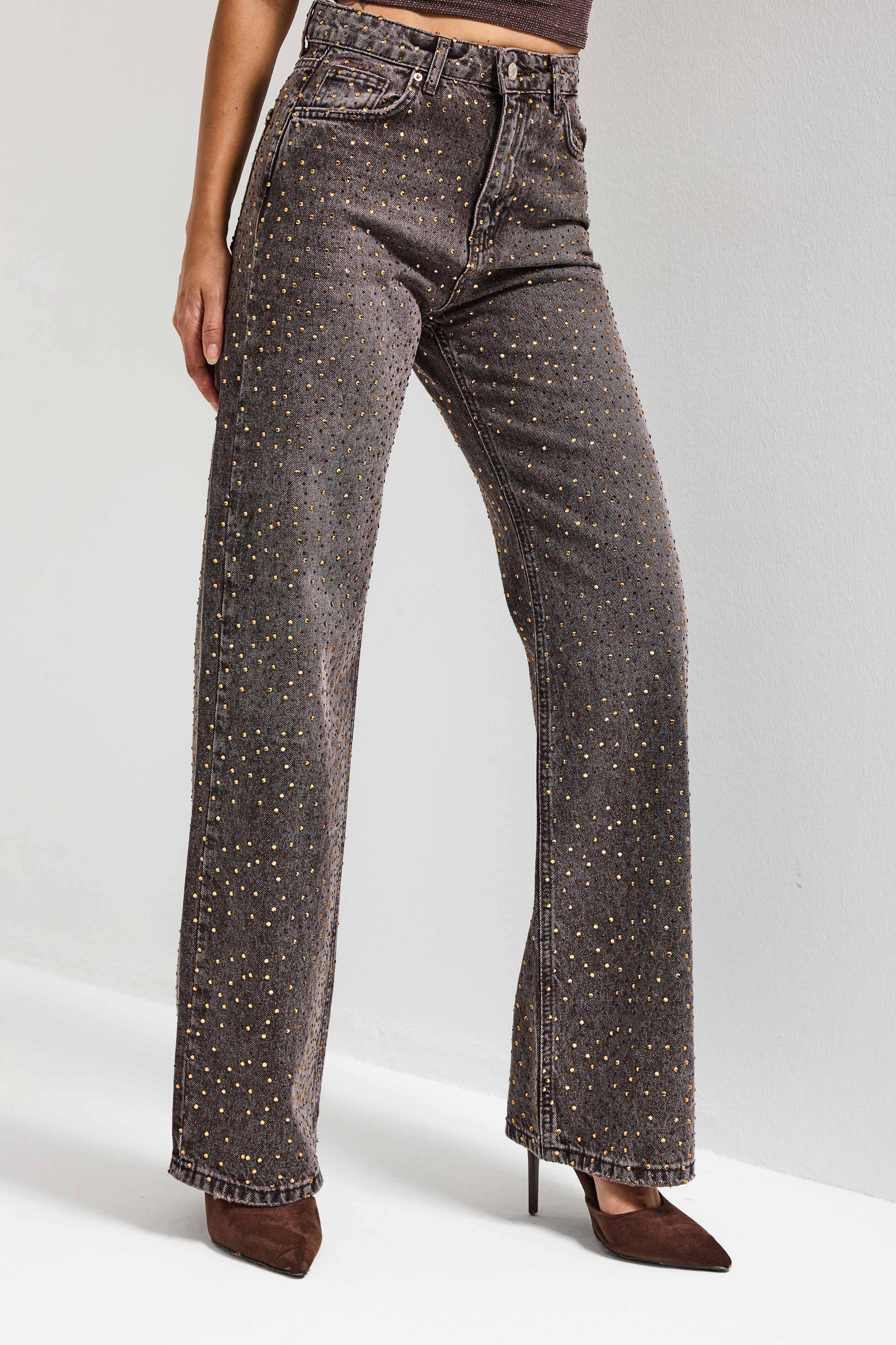 Kadın Taşlı Kahve T-4s6-179 Straight Fit Full Parlak Taşlı Özel Tasarım Denim Jean