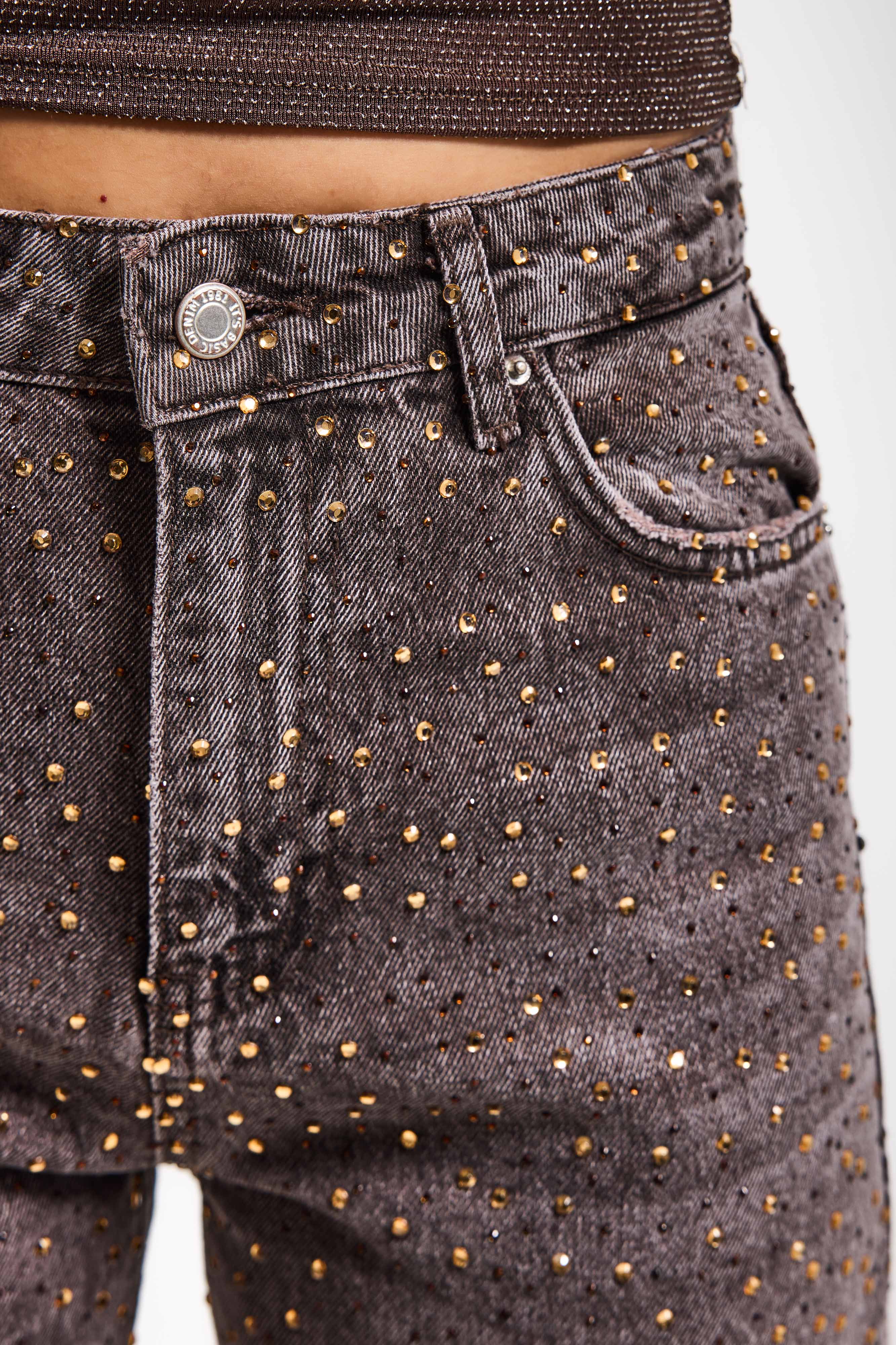 Kadın Taşlı Kahve T-4s6-179 Straight Fit Full Parlak Taşlı Özel Tasarım Denim Jean