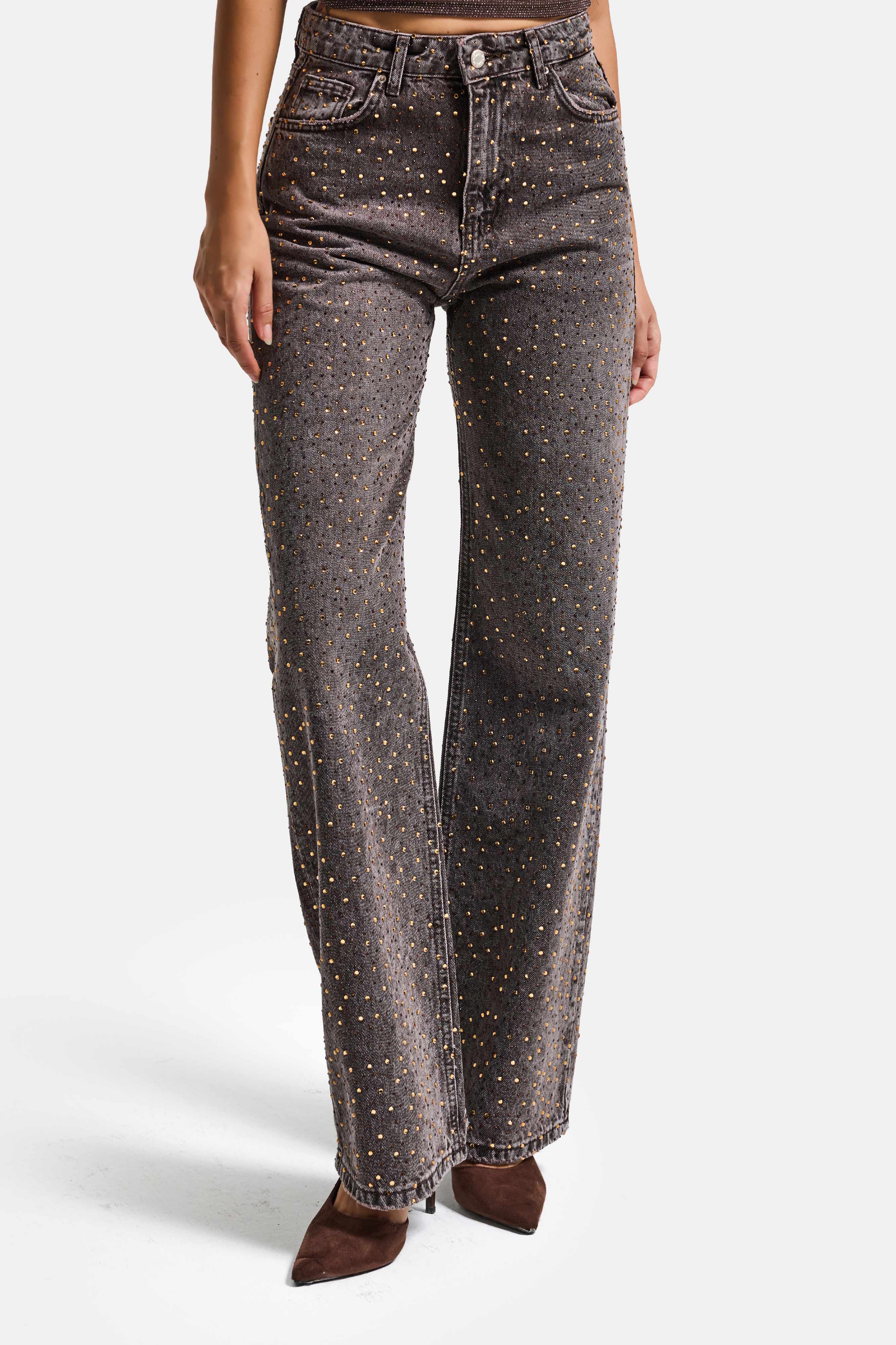 Kadın Taşlı Kahve T-4s6-179 Straight Fit Full Parlak Taşlı Özel Tasarım Denim Jean