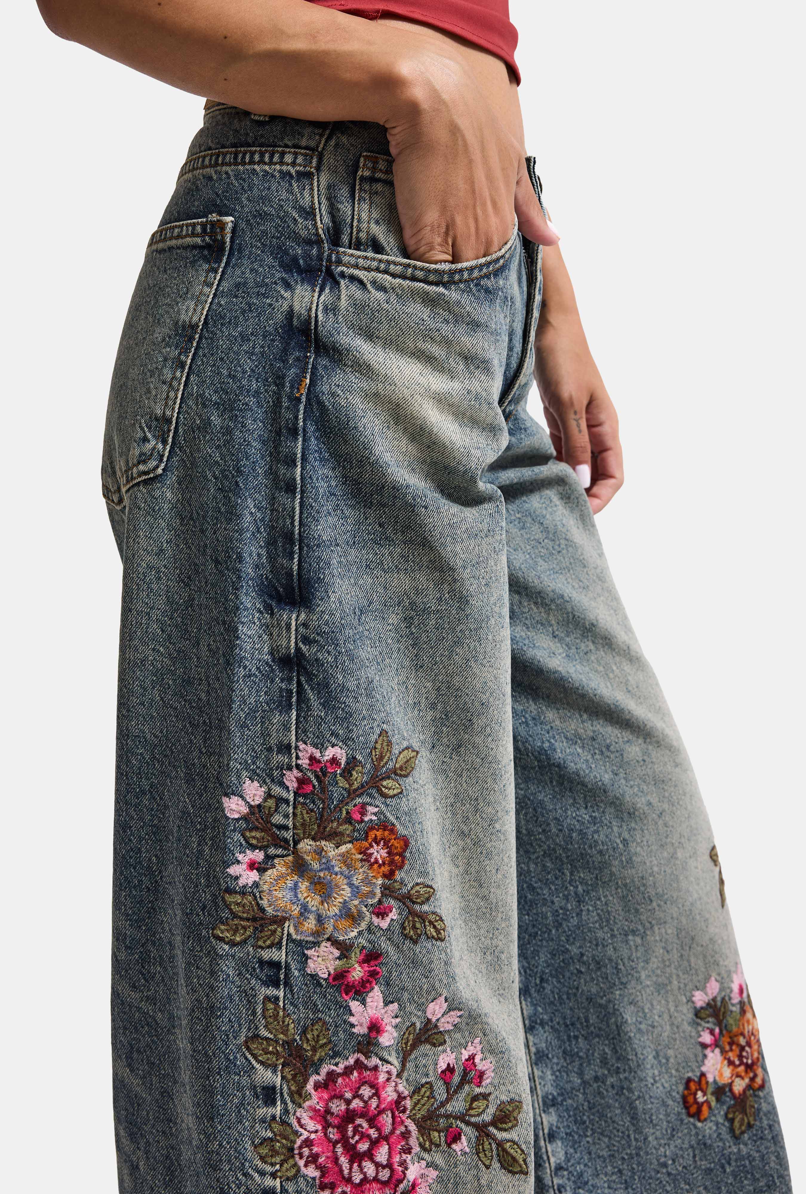 Kadın Tint 4w6-8 Palazzo Fit Özel Çiçek Nakış Tasarım Denim Jean