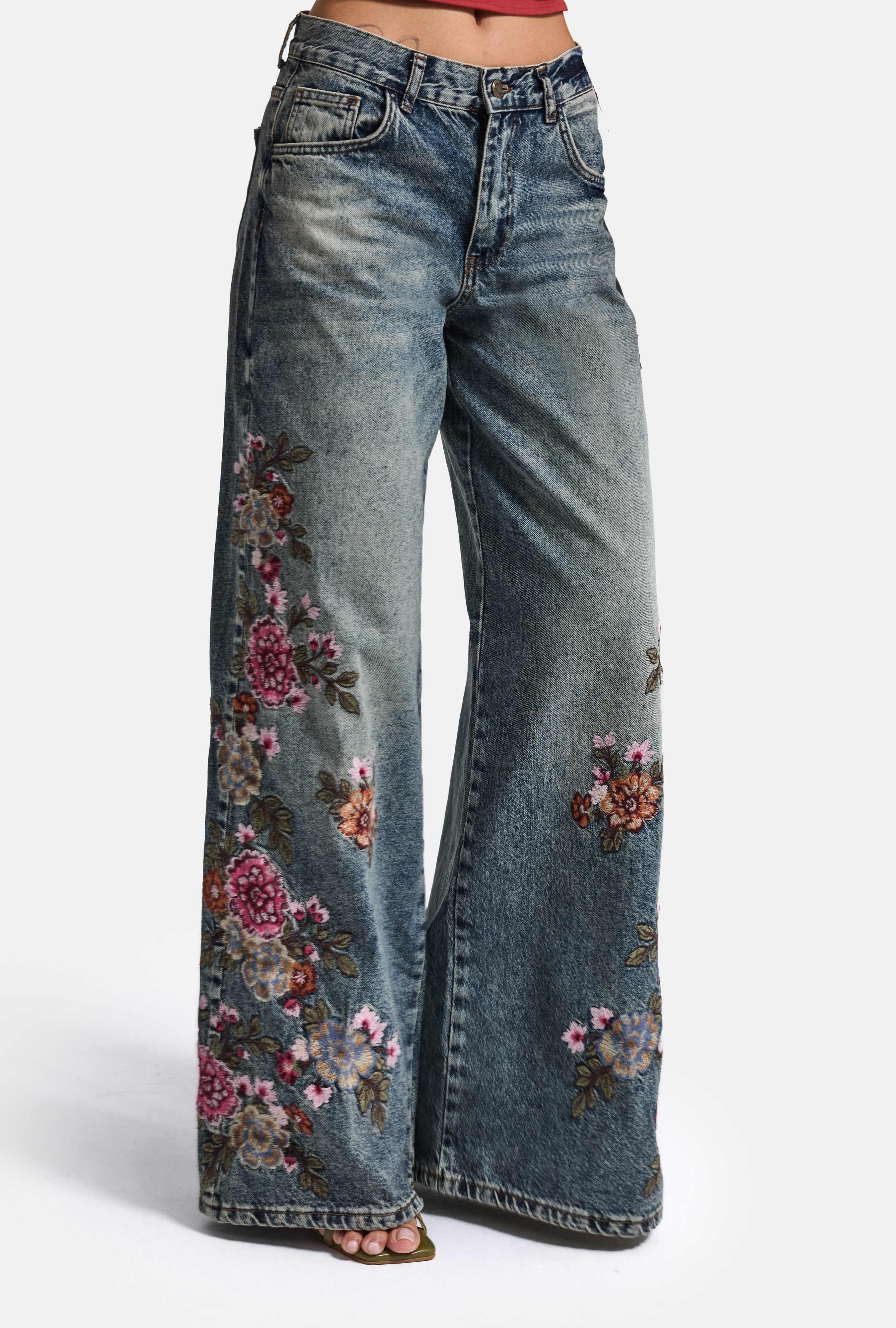 Kadın Tint 4w6-8 Palazzo Fit Özel Çiçek Nakış Tasarım Denim Jean