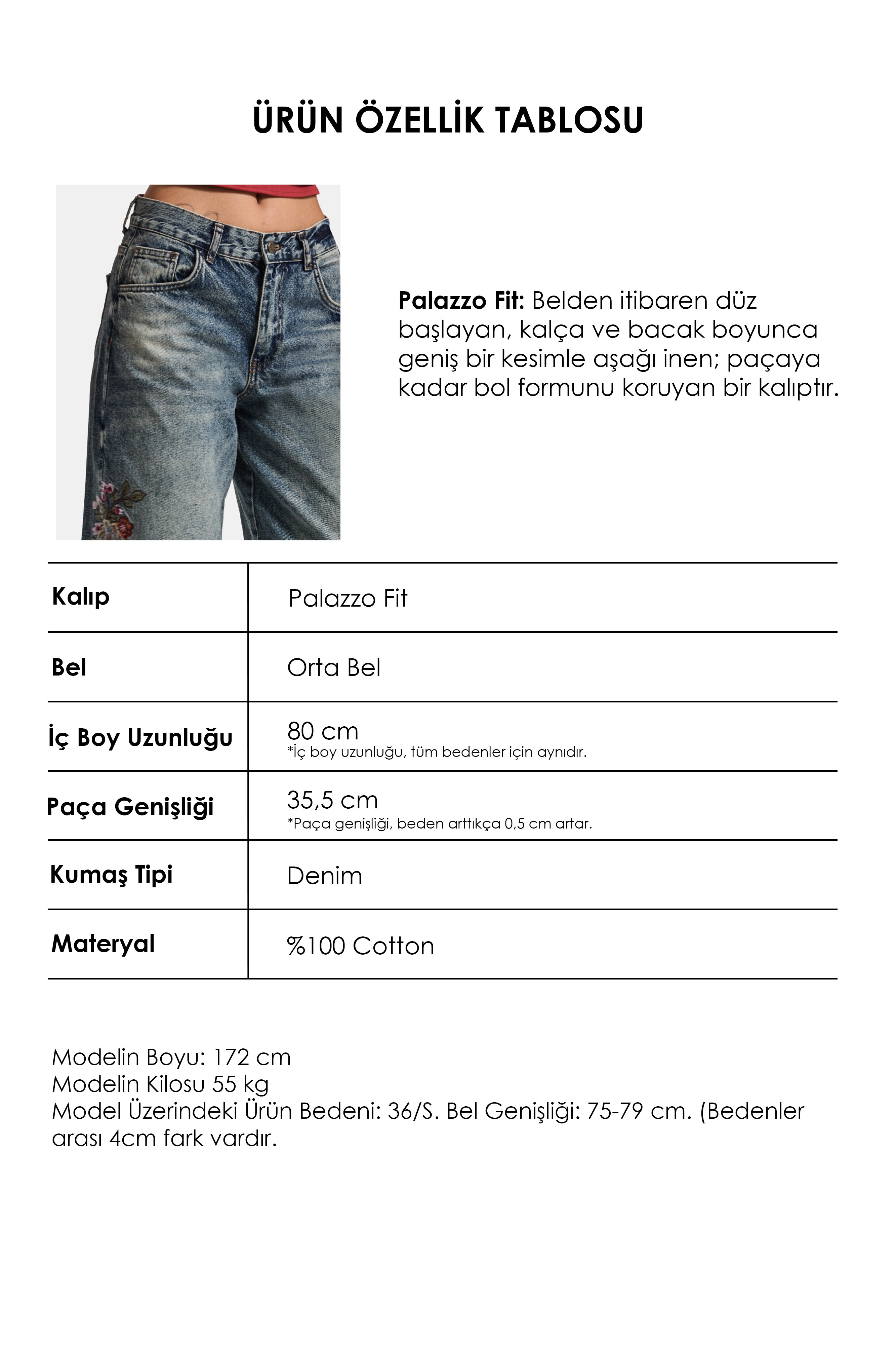 Kadın Tint 4w6-8 Palazzo Fit Özel Çiçek Nakış Tasarım Denim Jean