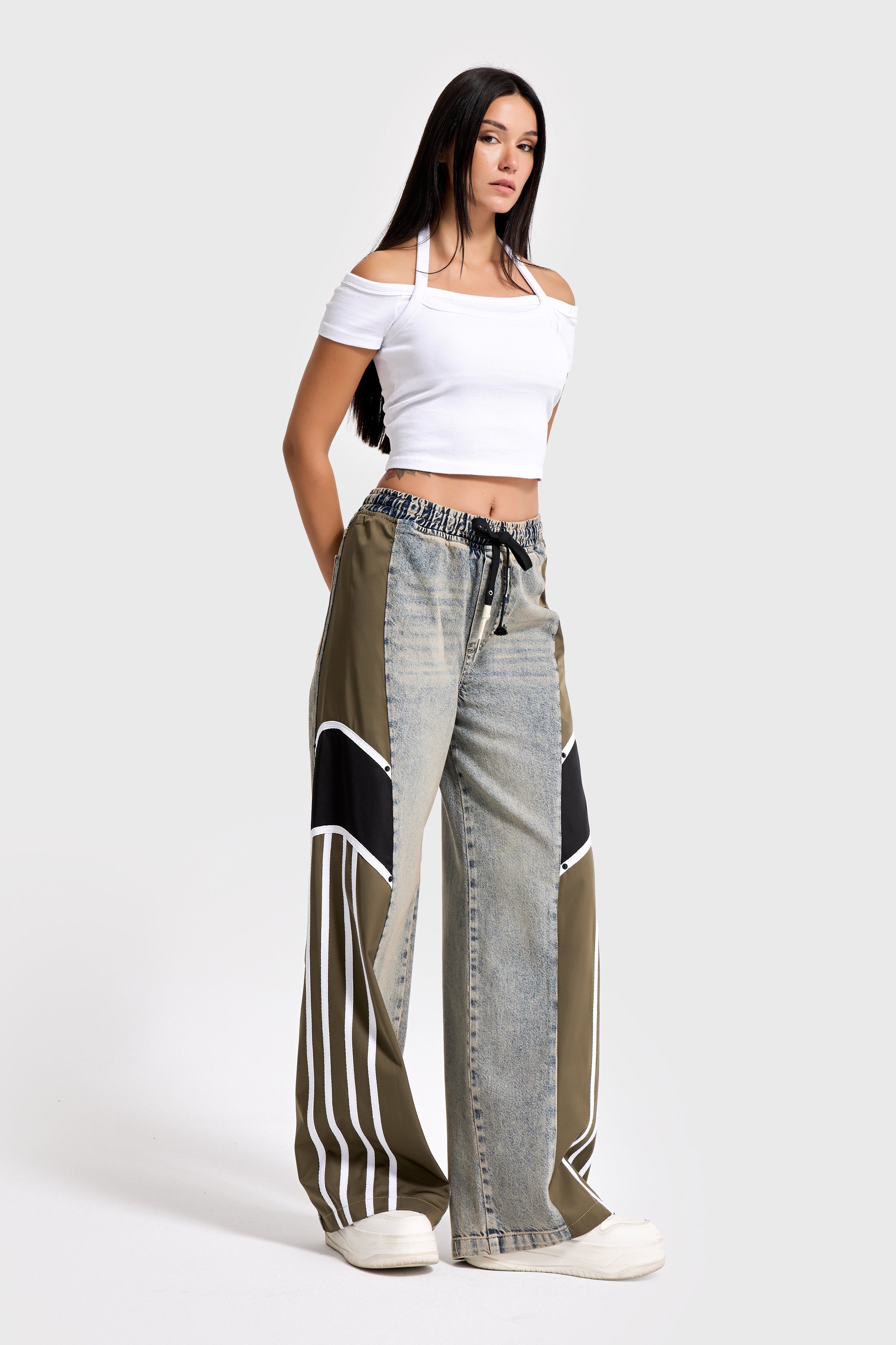 Kadın Tint Haki Renk 4w5-32 Baggy Fit Şerit Detaylı Özel Tasarım Denim Jean