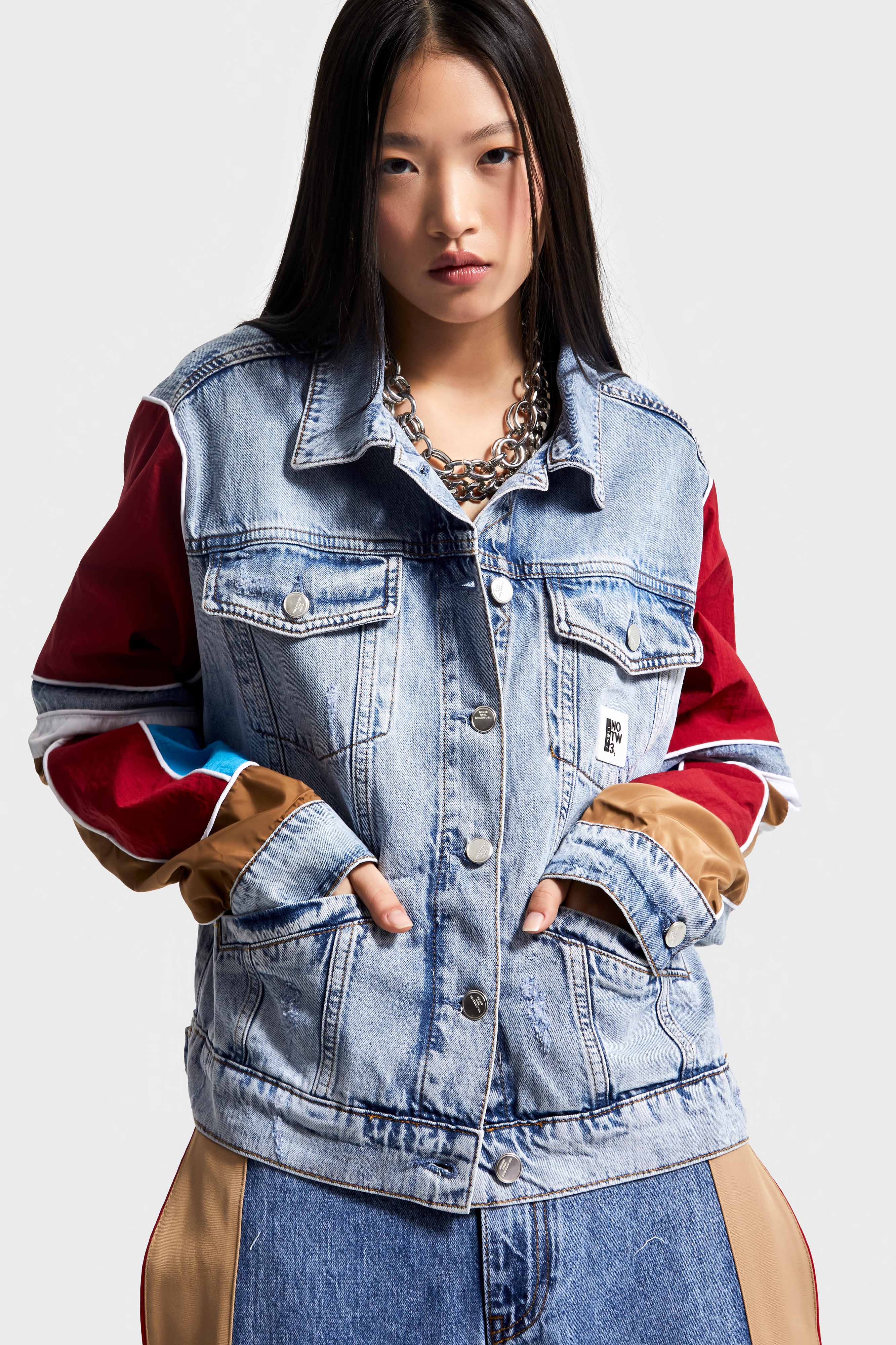 Kadın Tint Kırmızı Renk Çift Parça Kumaş Oversize Özel Tasarım Denim Ceket