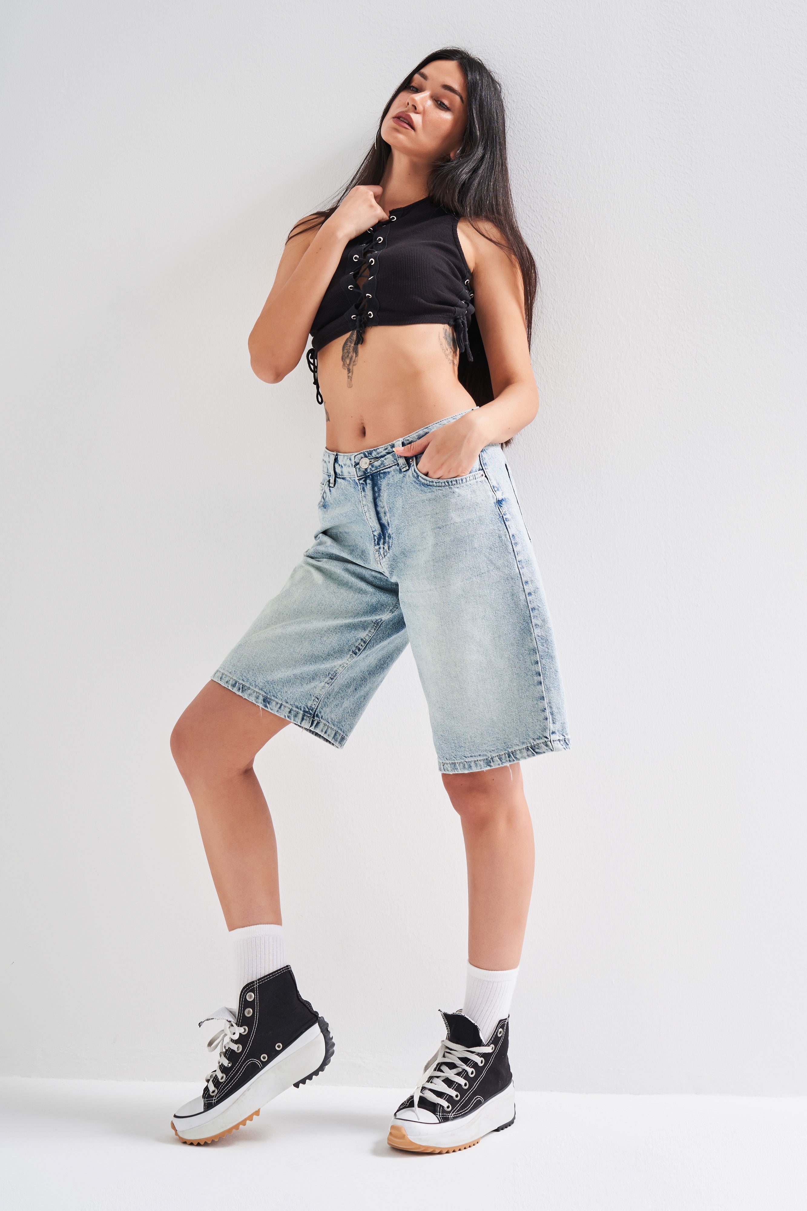 Kadın Tint Kot Rengi Baggy Fit Midi Boy Denim Şort