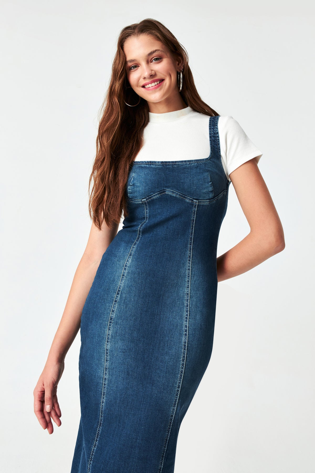Kadın Tint Kot Rengi Esnek Kumaş Arkadan Yırtmaçlı Uzun Denim Elbise