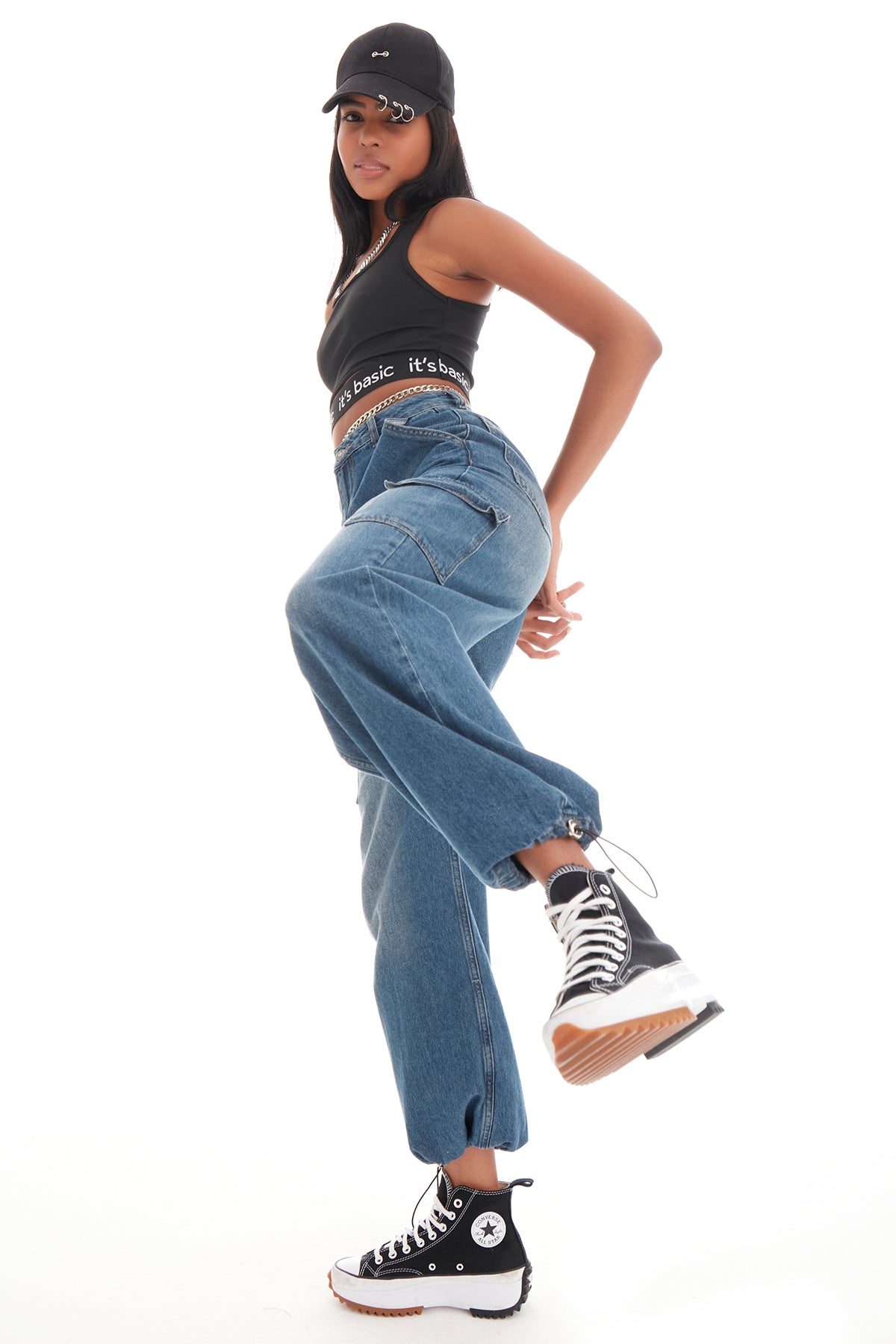 Women's Tint Jeans Color Cargo Pocket Elastic Leg Jogger Fit Denim