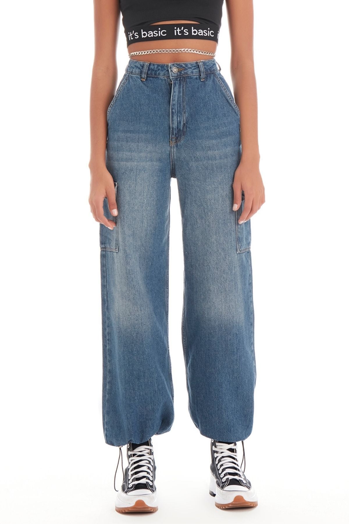 Women's Tint Jeans Color Cargo Pocket Elastic Leg Jogger Fit Denim