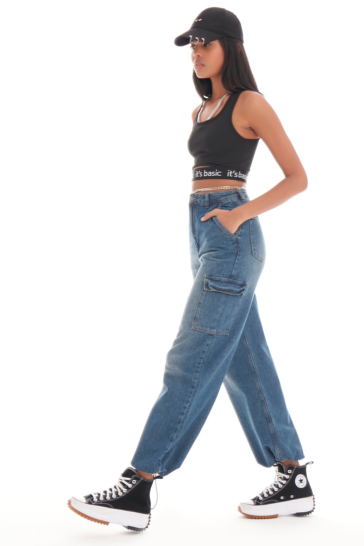Women's Tint Jeans Color Cargo Pocket Elastic Leg Jogger Fit Denim