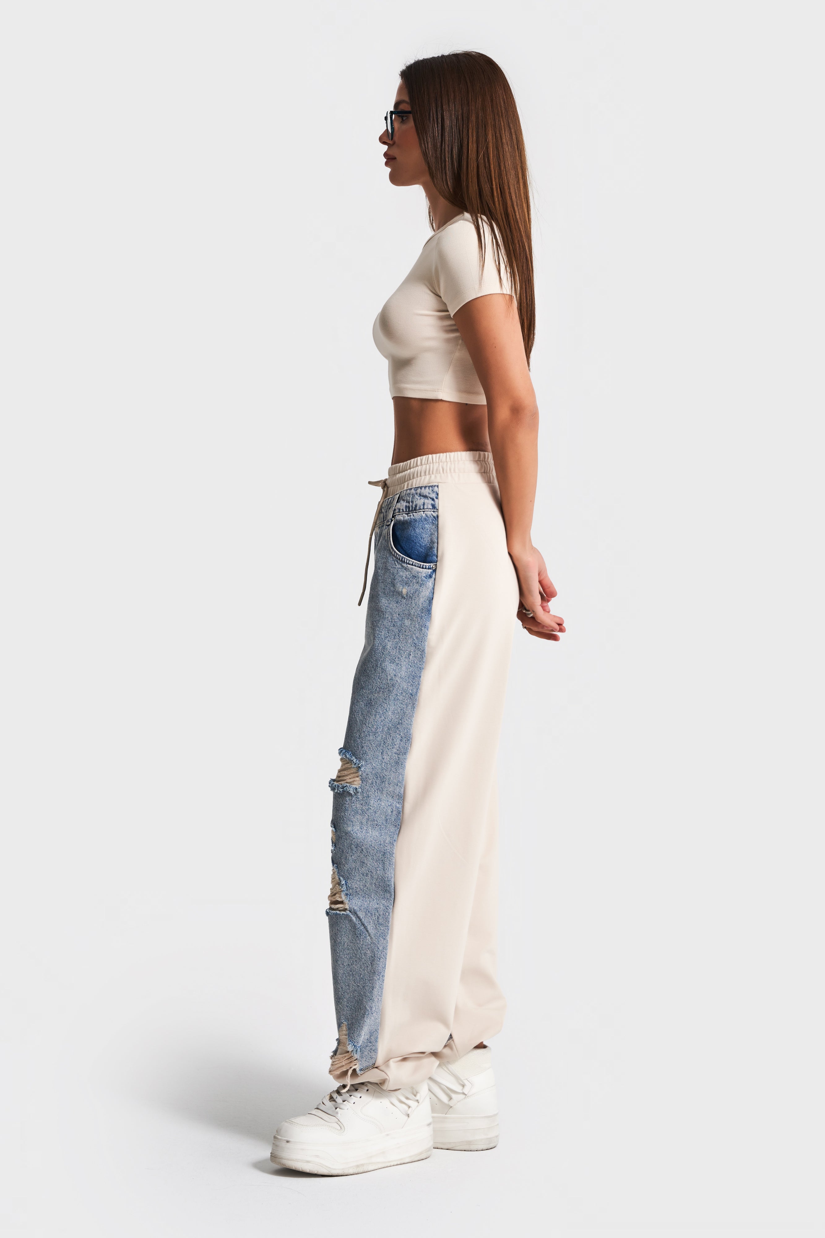 Kadın Tint Kot Rengi Lazer Detaylı Skater Jogger Fit Denim