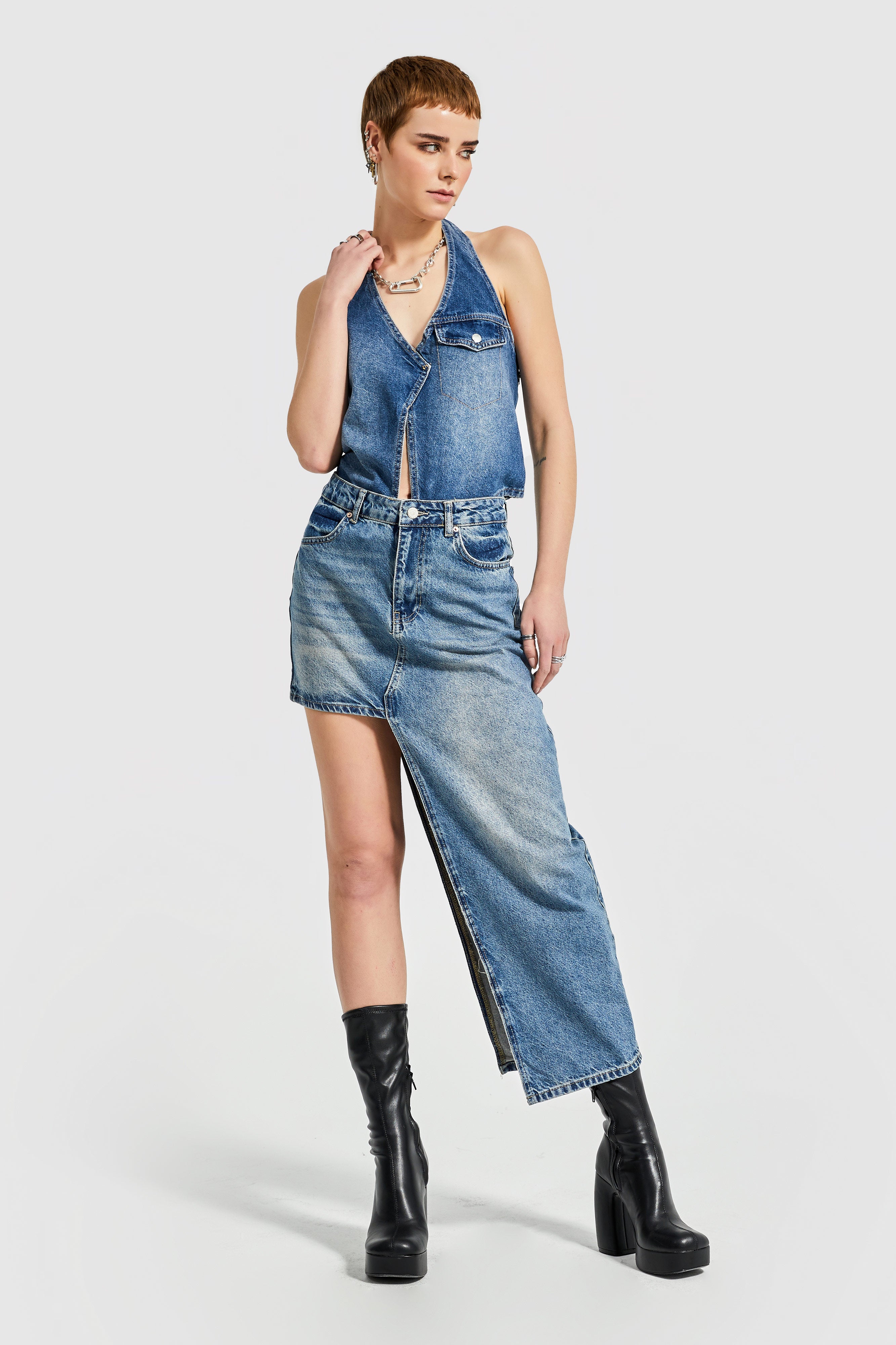Women's Tint Denim Color Maxi Length Design Denim Skirt