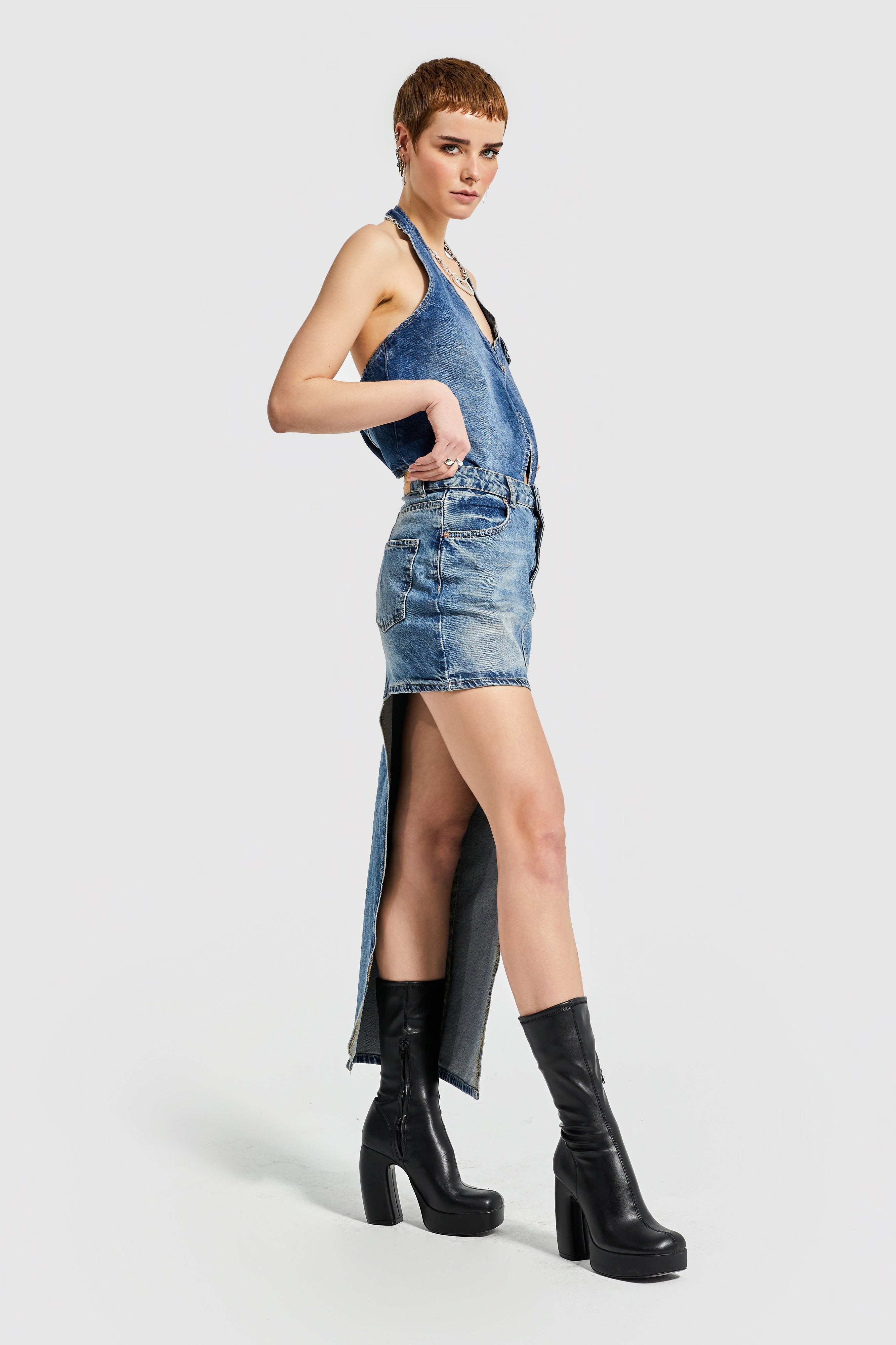 Women's Tint Denim Color Maxi Length Design Denim Skirt