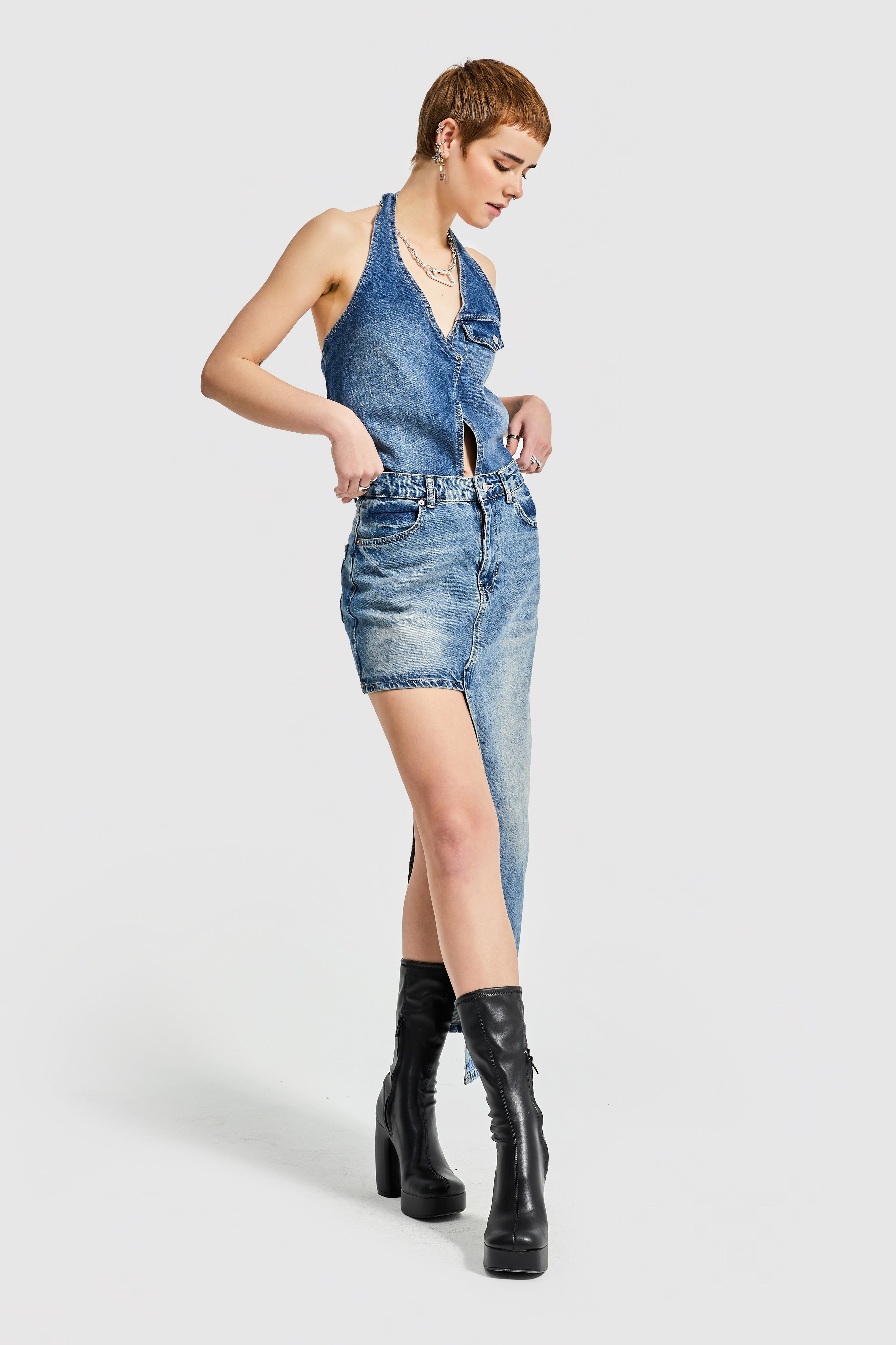 Women's Tint Denim Color Maxi Length Design Denim Skirt