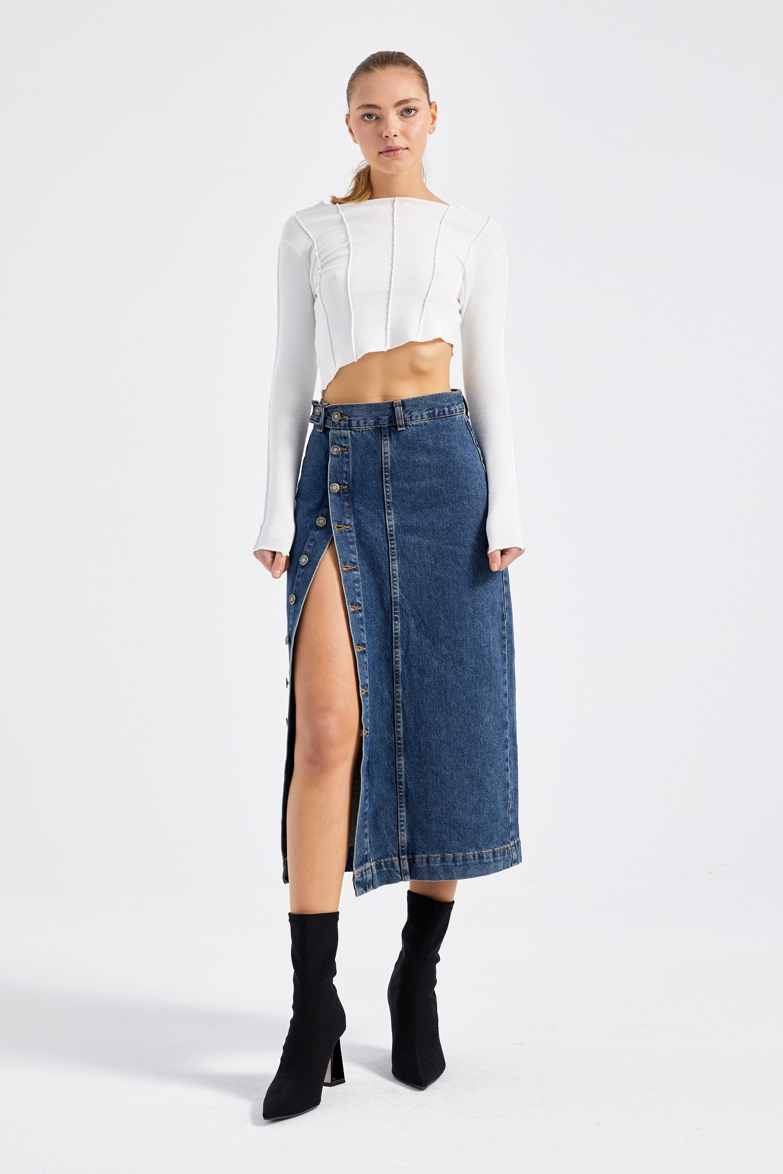 Kadın Tint Kot Rengi Önü Düğmeli Maxi Boy Denim Etek