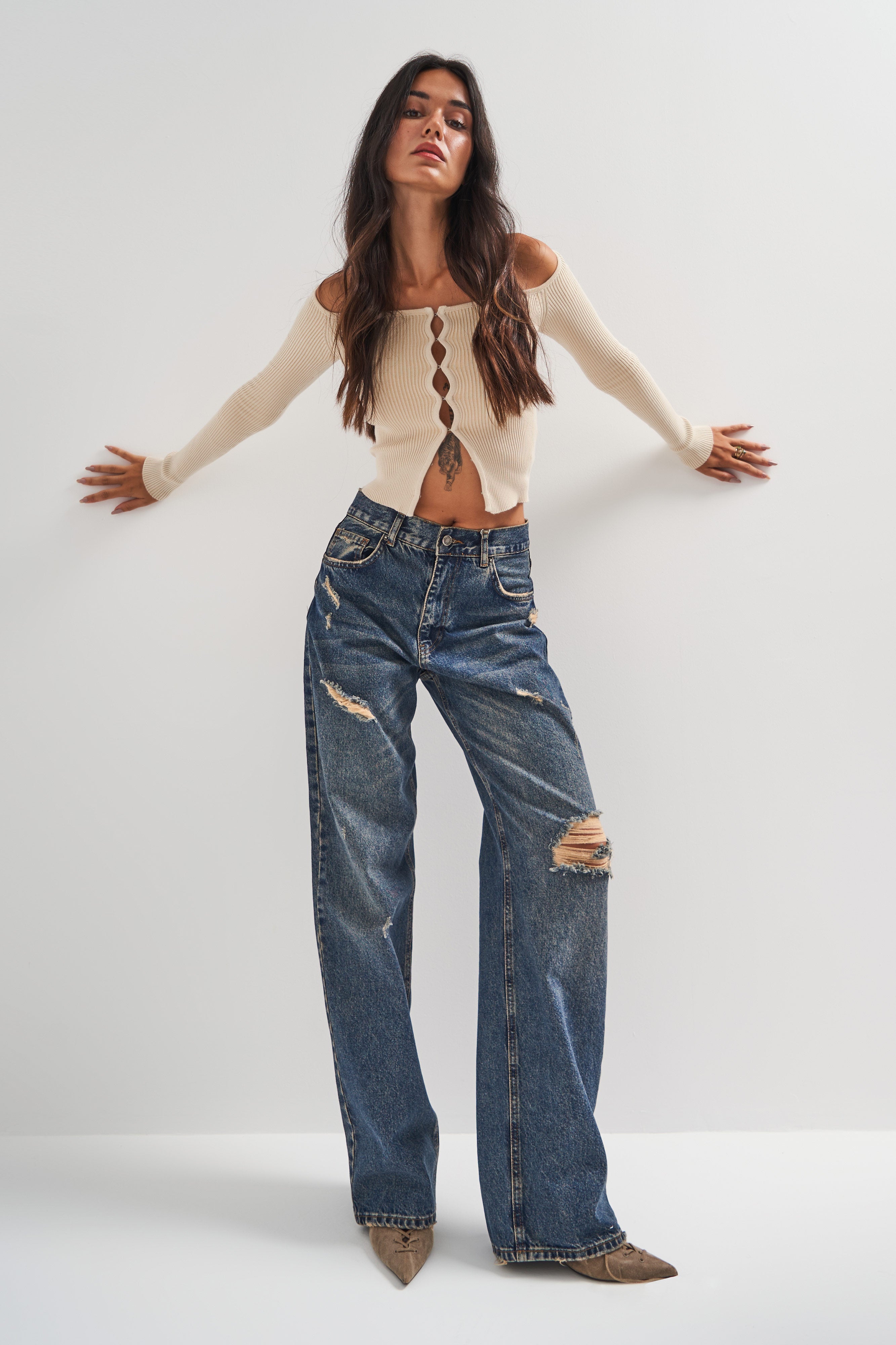 Women's Tint Jeans Color Ripped Detail Loose 100% Cotton Fit Denim