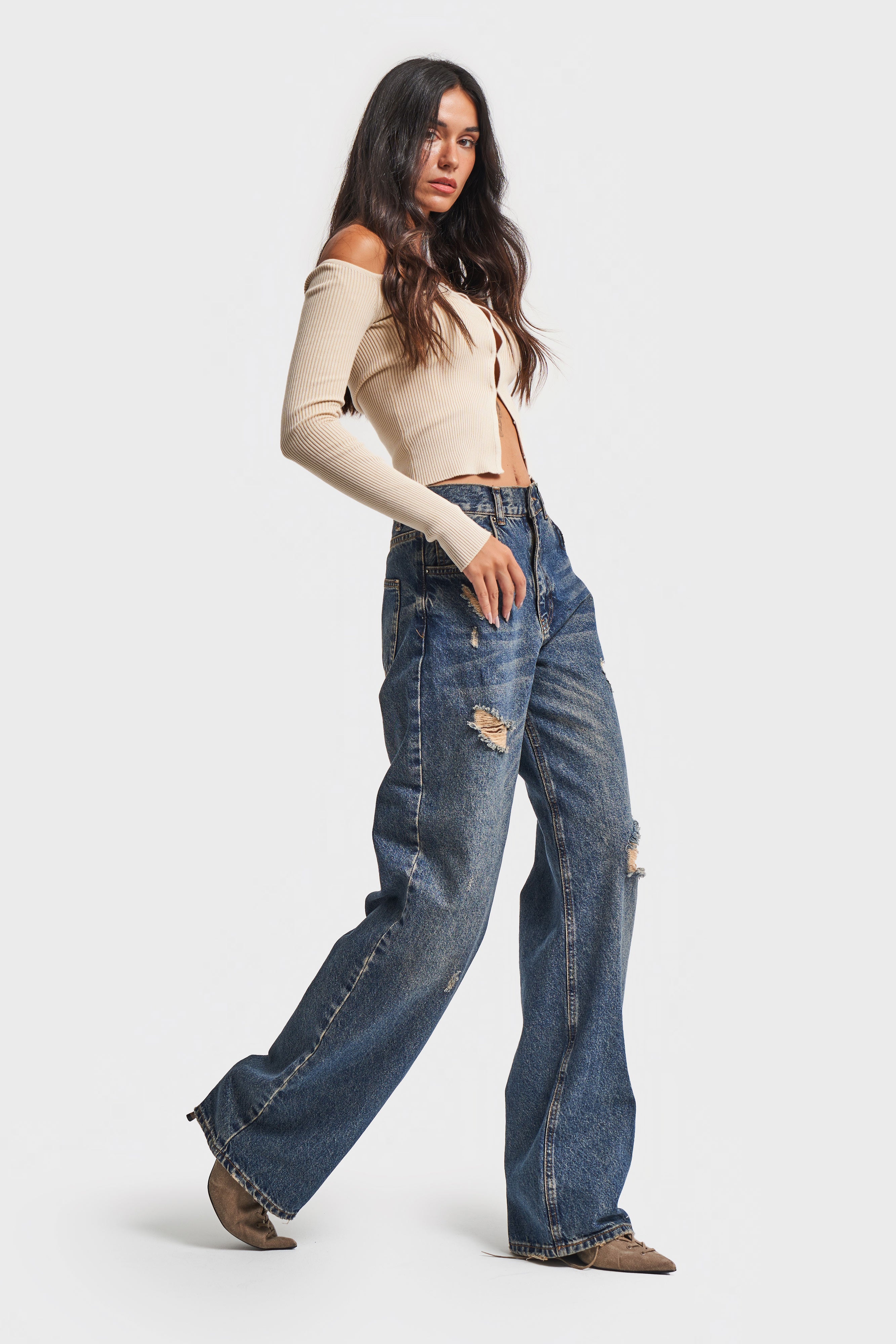 Women's Tint Jeans Color Ripped Detail Loose 100% Cotton Fit Denim