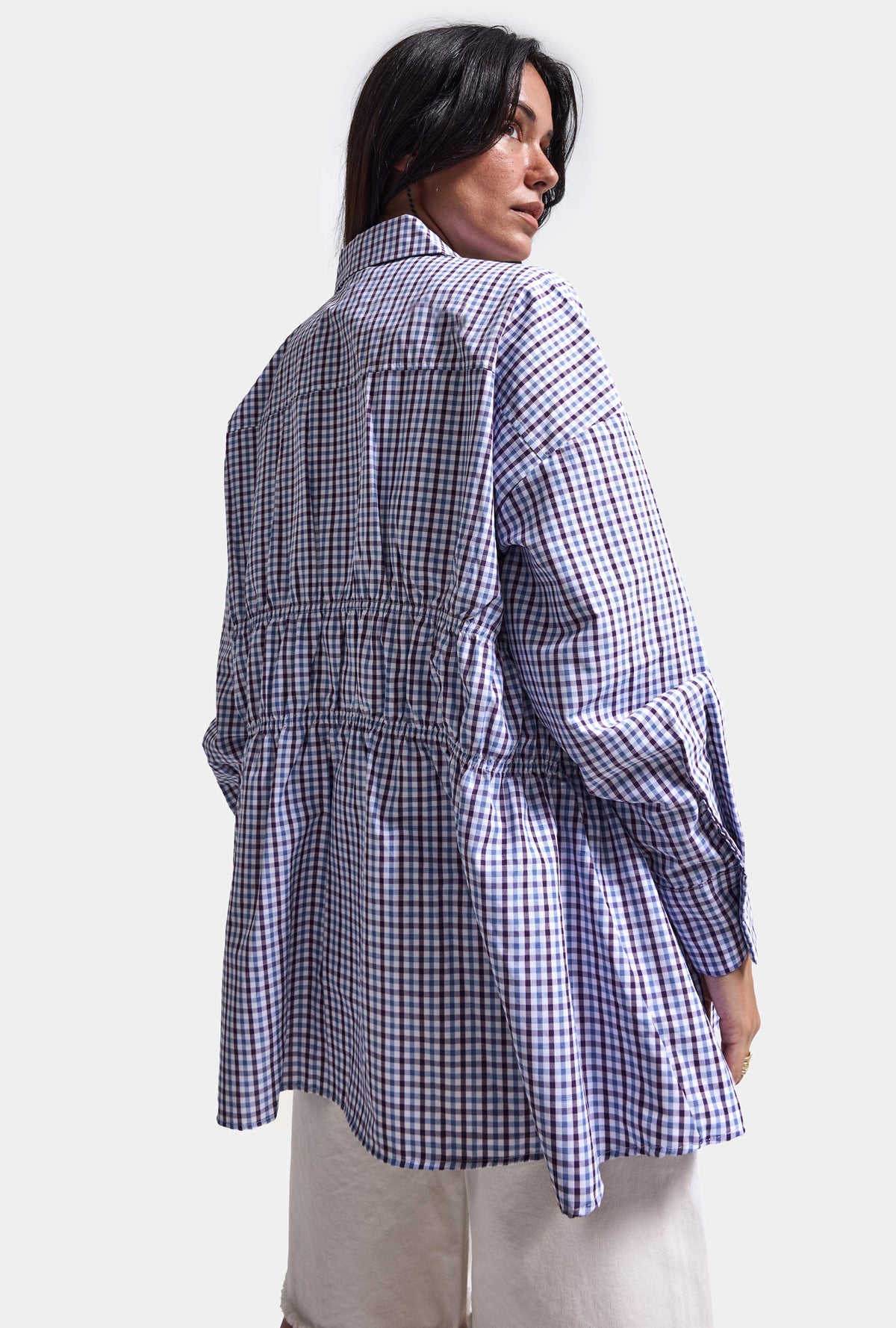 Kadın w6-111 Oversize Bordo Laci Ekose Tasarım Gömlek