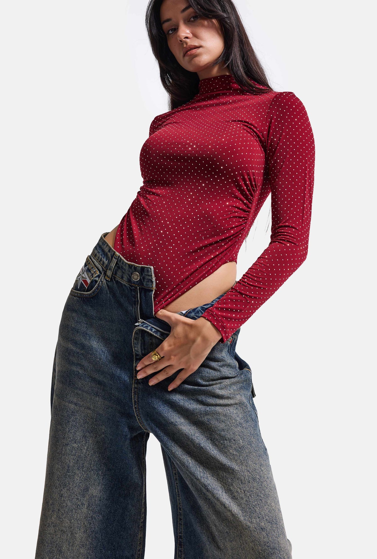 Kadın w6-35 Snap Body Suit Parlak Taşlı Tasarım Body