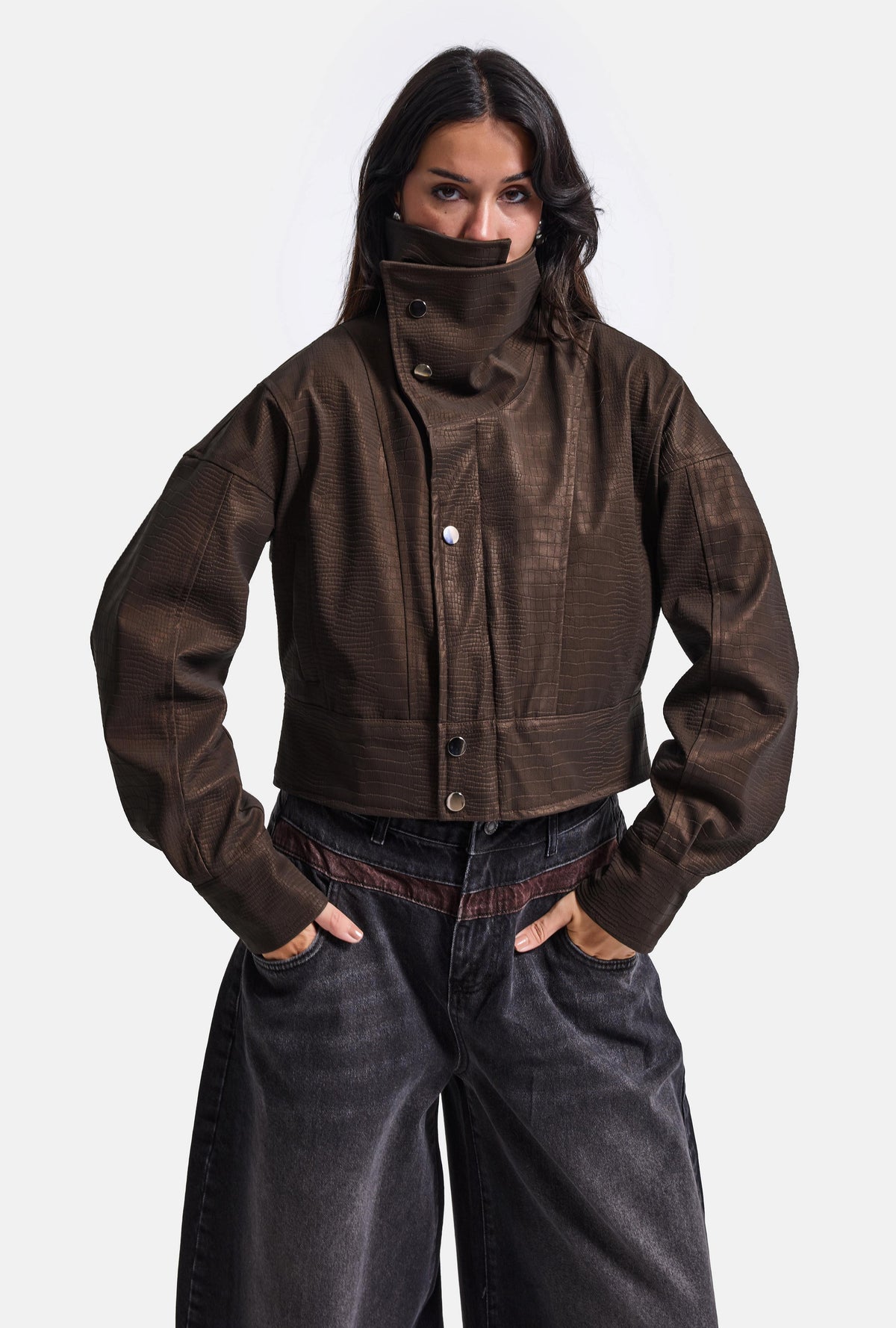 Kadın w6-81 Crop Fit Özel Kumaş Tasarım Oversize Ceket